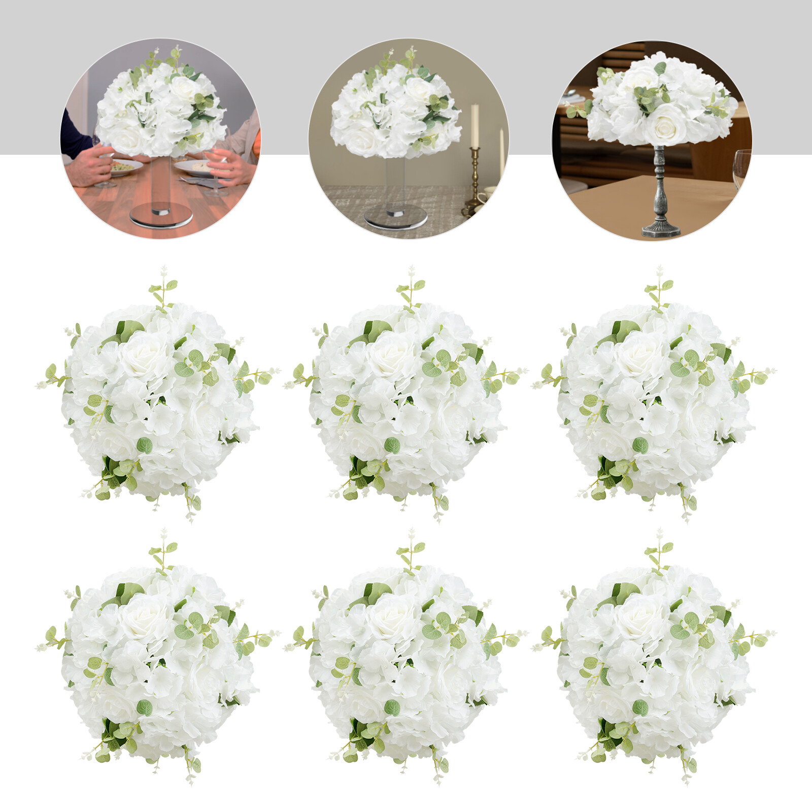 6 Pc White Artificial Rose & Hydrangea Flower Balls for Centerpieces Home Decor