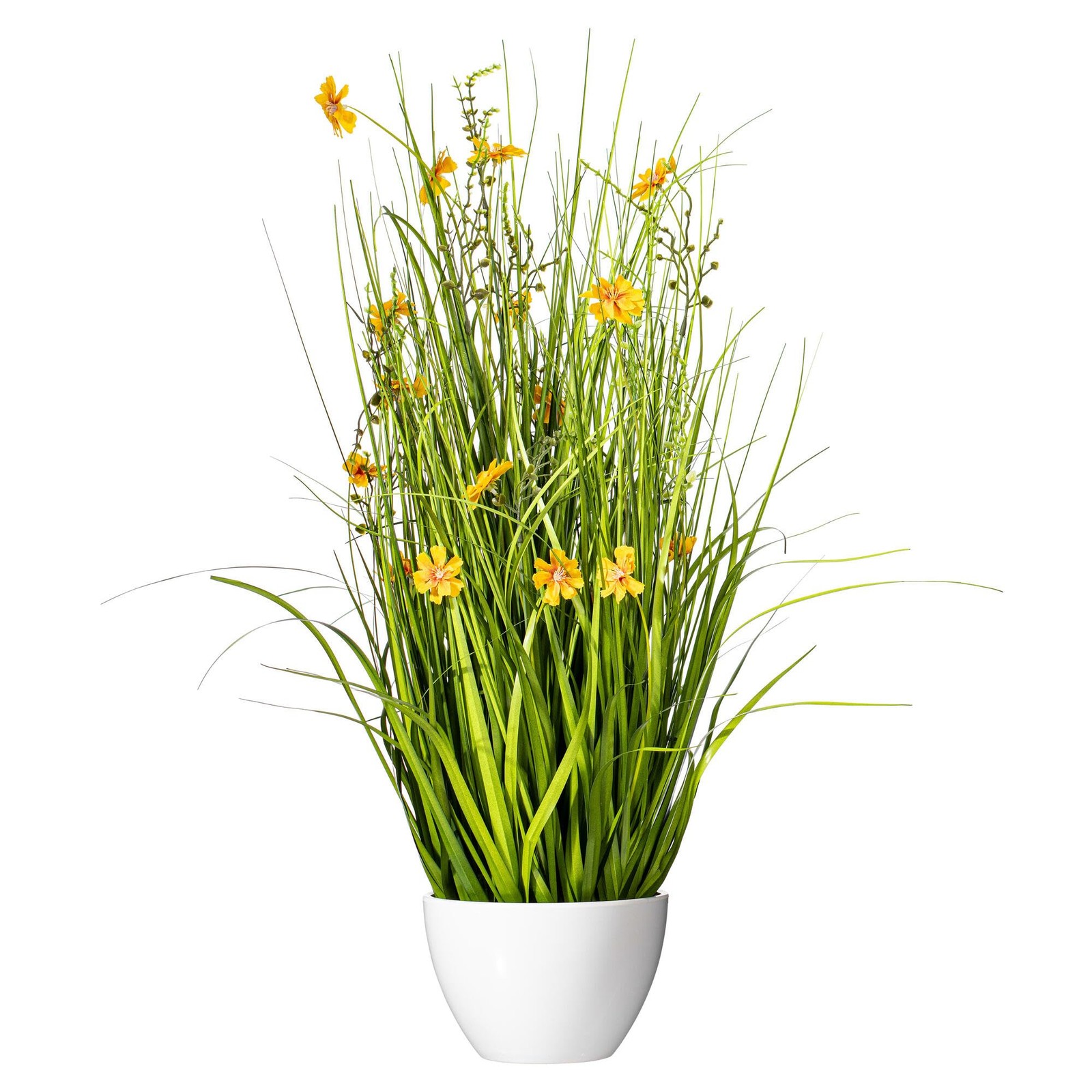 Vickerman 31″ Fabric Artificial Potted Cosmos with Green Grass in Yellow