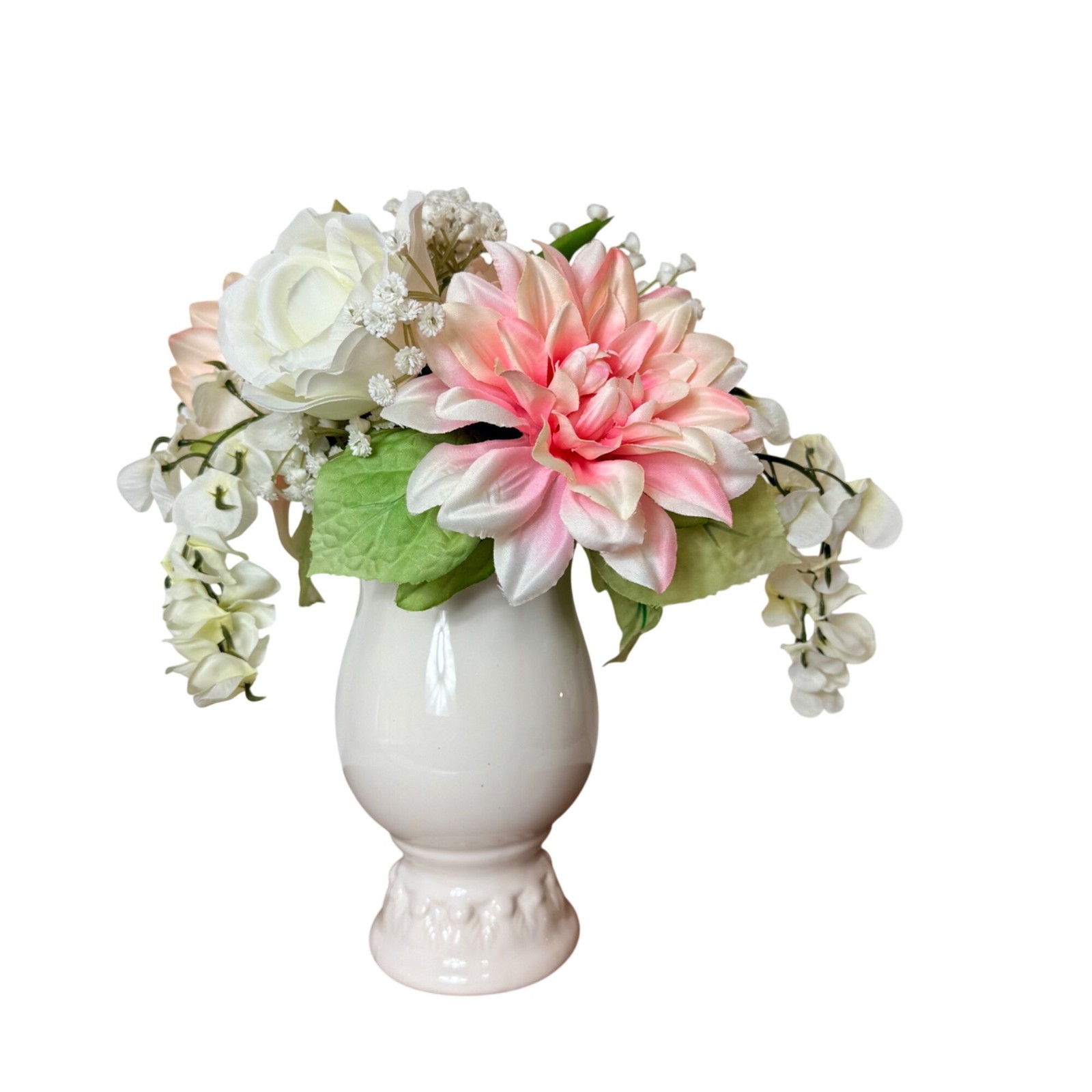 Vintage Faux Floral Arrangement White Ceramic Pedestal Vase Pink Peonies Decor