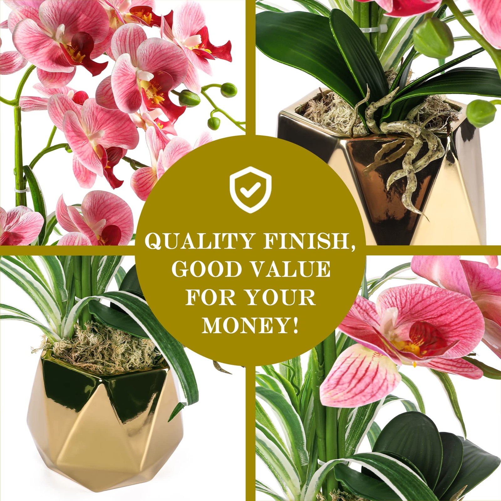 Orchids Artificial Flowers Fake Orchid Plants Pot Pink Gold Vase Home Decor