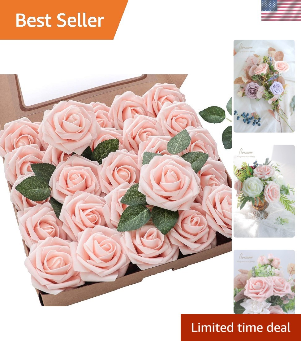 Artificial Flowers 25pcs Real Looking Blush Foam Fake Roses with Stems for DI…