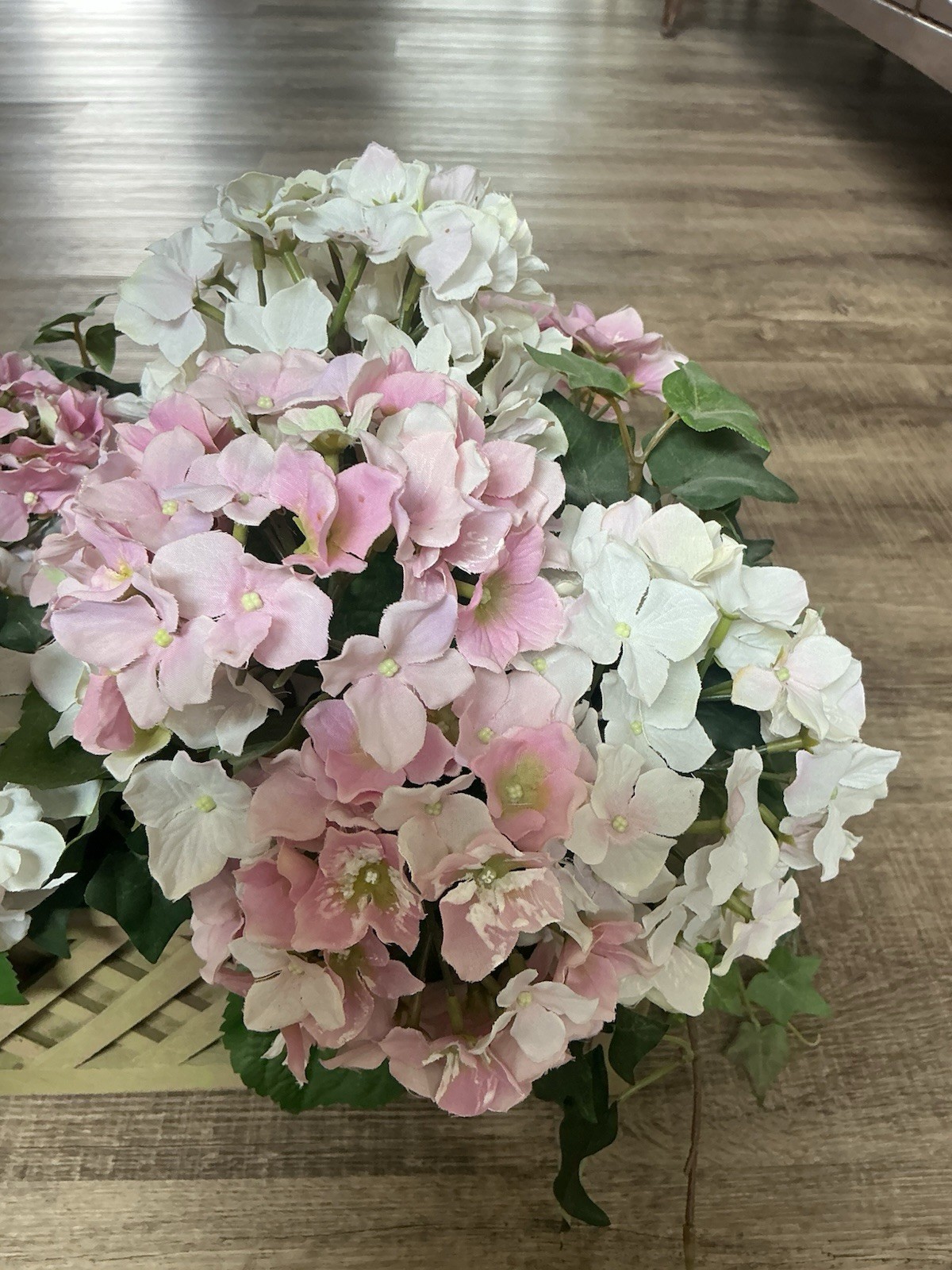 Hydrangea Faux Flower Arrangement Pink White In Planter Box 14x5x6