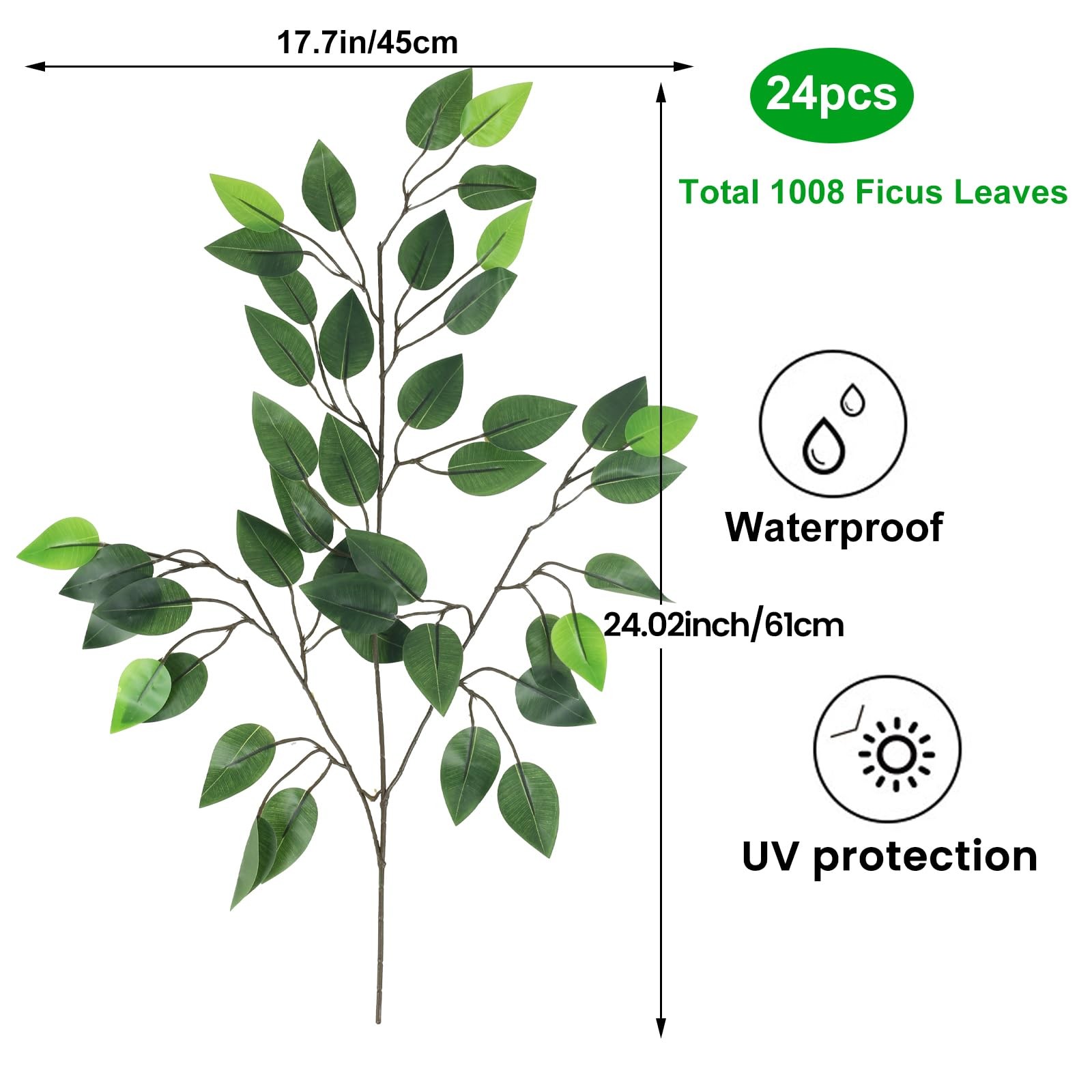 24PCS Artificial Ficus Leaves Branches Faux Ficus Tree Branches Artificial Gr…
