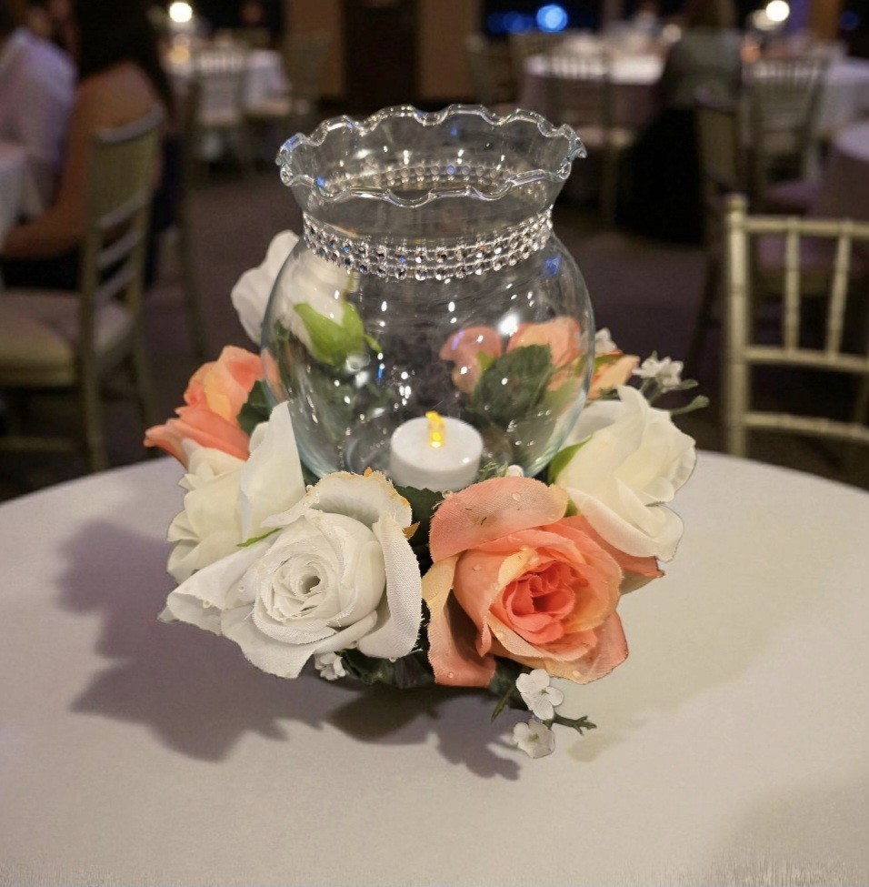 Artificial Flowers Wedding Centerpieces 5 Pc. White, Peach Roses w/Babys Breath