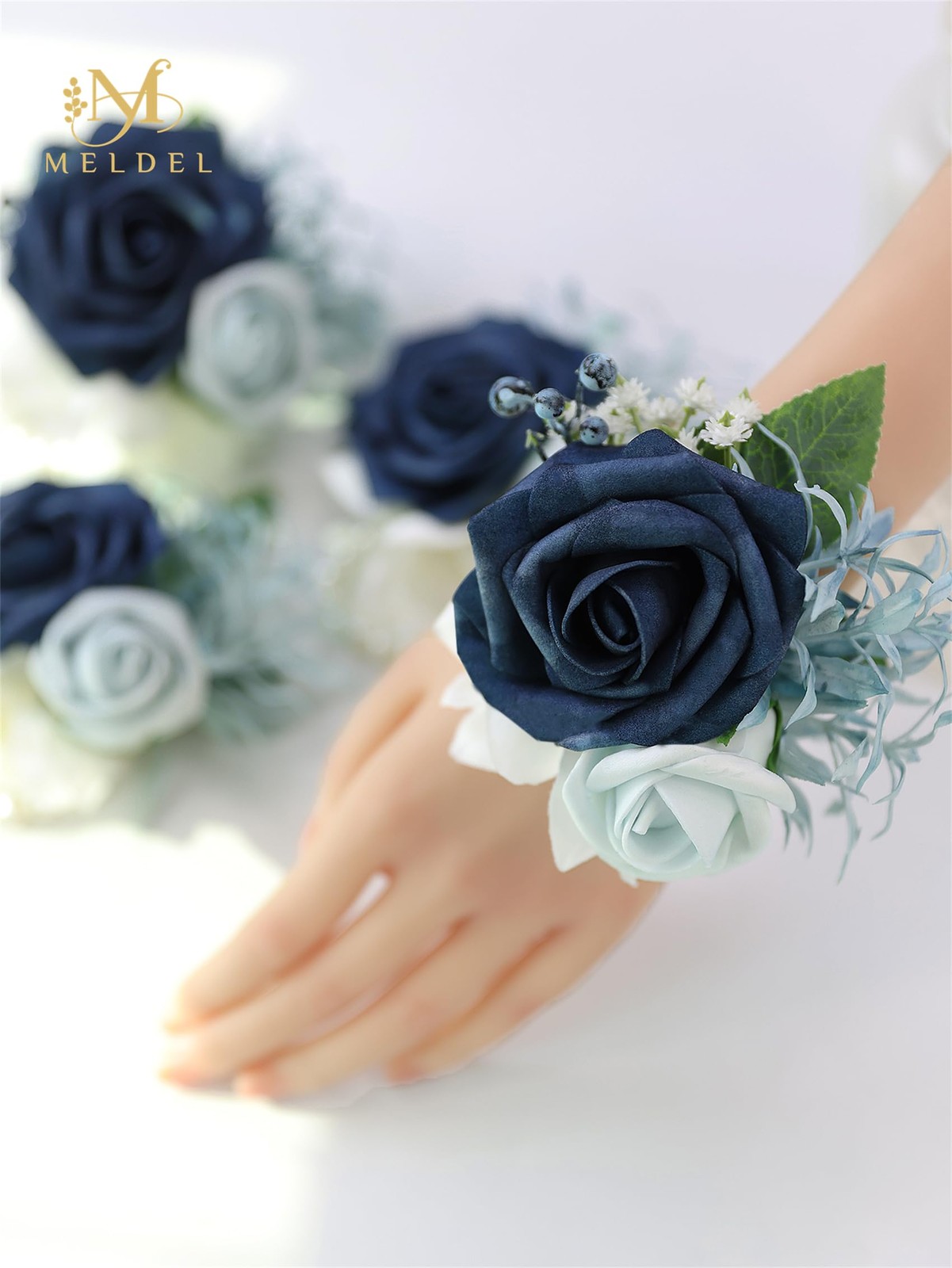 6 Pcs Navy Blue Wrist Corsage, Bride, Bridesmaid, Wedding, Prom, Party, Ceremony
