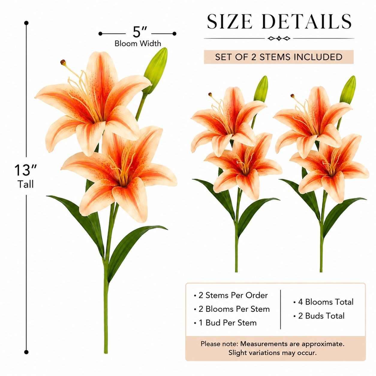 Real Touch Peach Orange Lily Stems Set of 2, Artificial Lily Flowers, Faux Flora