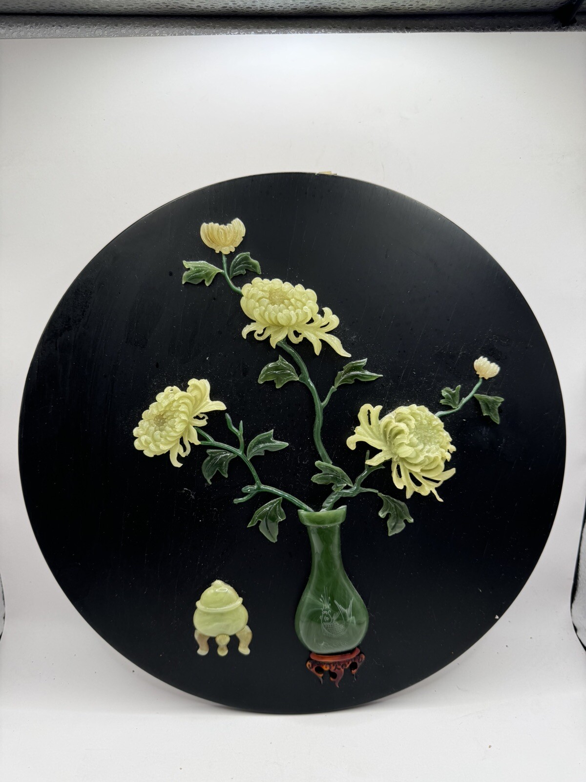 Vintage Asian 3D Floral Wall Plaque Jade Style 11.5” Round Decor