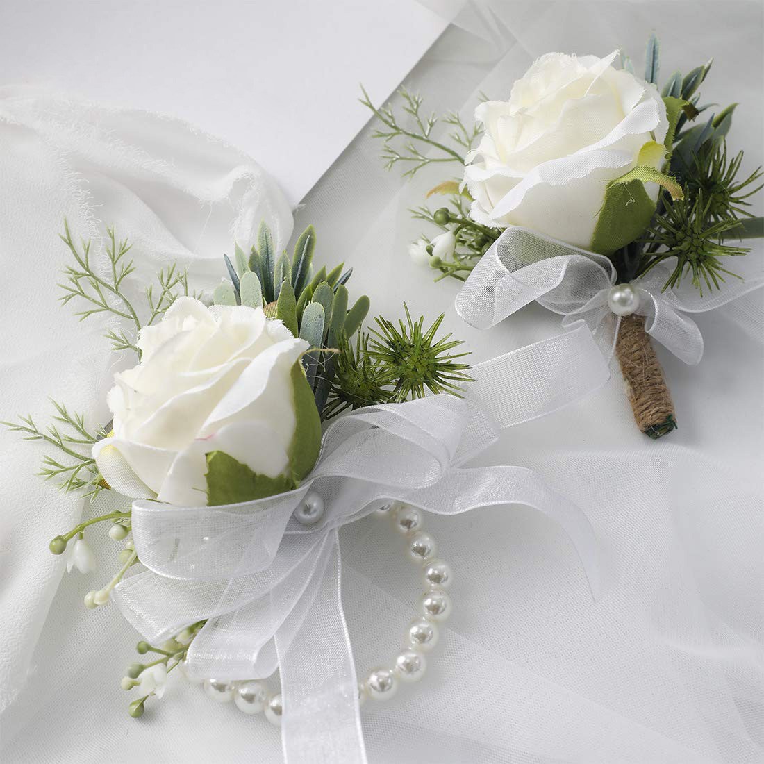 Bridal Party Flowers, Wrist Corsage With Boutonniere, White