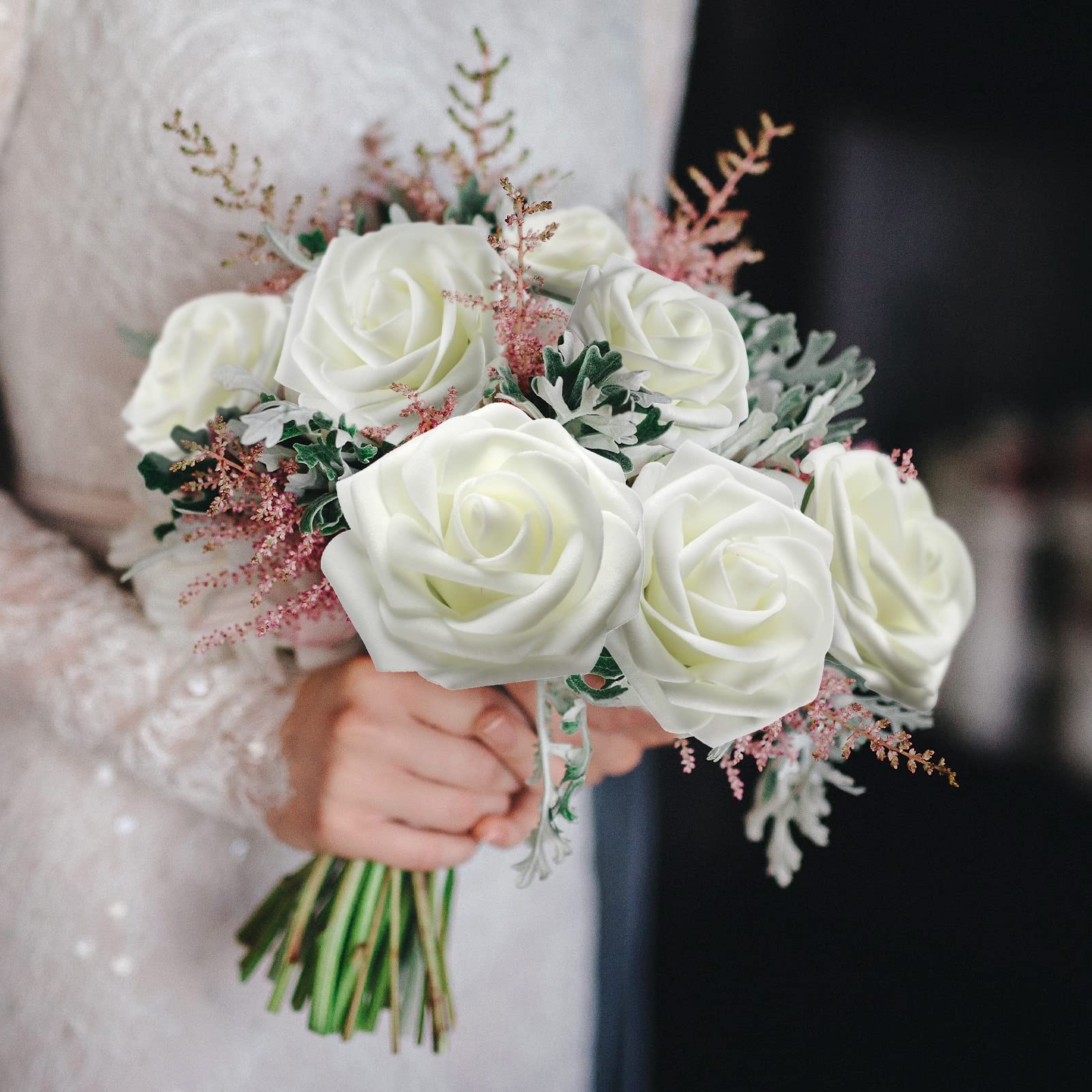 100 PCS Ivory Artificial Foam Rose Flower Faux Bouquet Wedding Table Decor