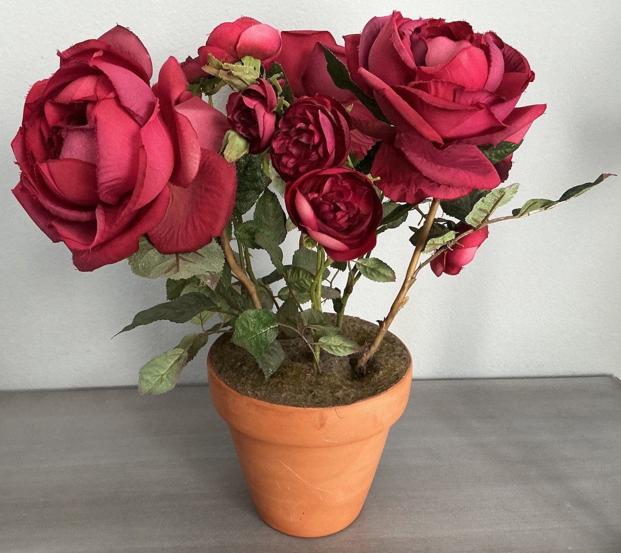 Realistic Artificial Camellia Red Roses Floral Arrangement Terracotta Pot 15’’