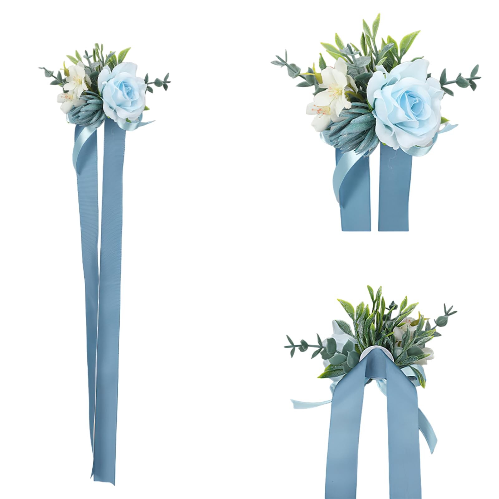 2 PCS Light Blue Artificial Rose Wrist Corsage Boutonniere Set Groom Groomsmen