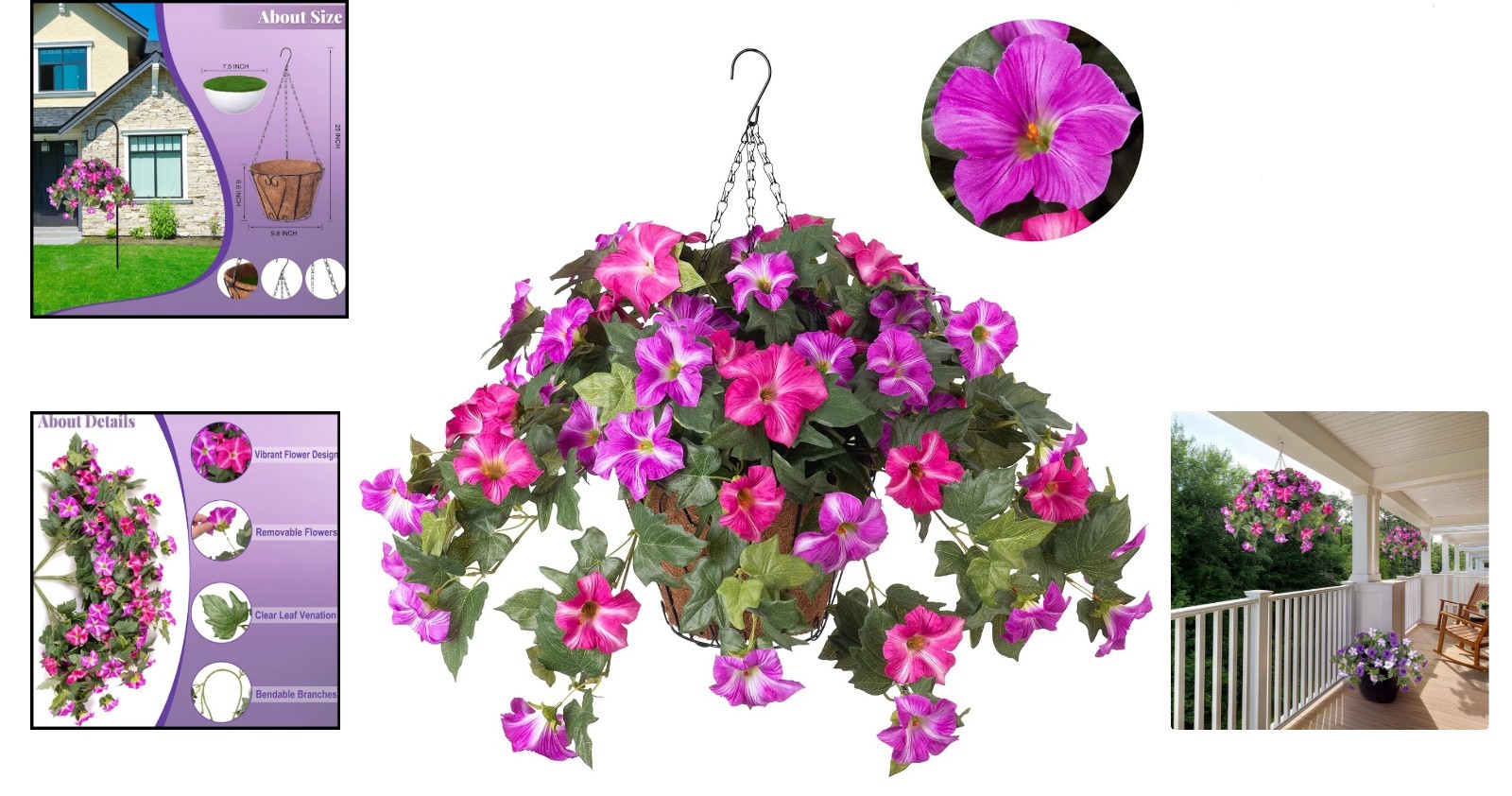 Realistic Hanging Faux Flowers with Basket – Perfect for Indoor & Outdoor Use