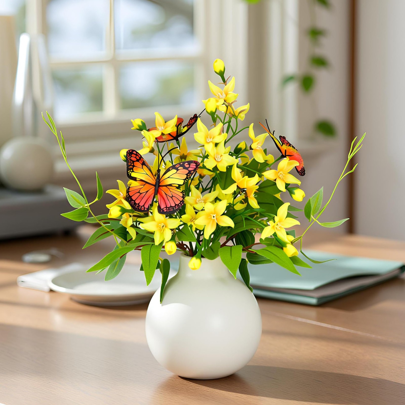 HOSY Artificial Freesia Bouquet in Ivory Ceramic Vase, Silk Flower and Butter…