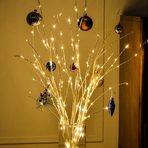 Lighted Birch White Tree Branches 33IN 180LED with Timer Plug in, Birch Tree