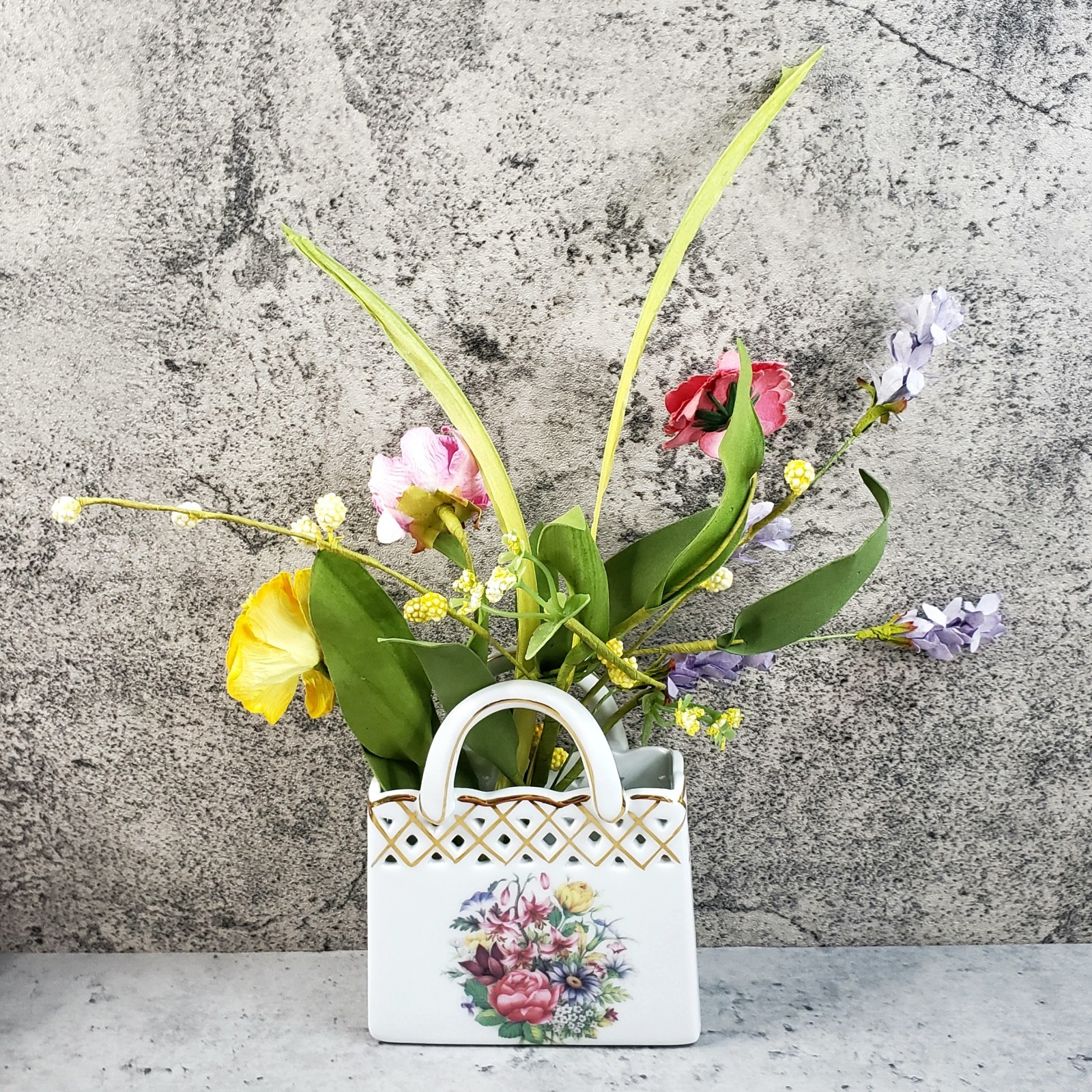 Herman Dodge Ceramic Purse Vase 4.75″ w Faux Flowers Old World Collection