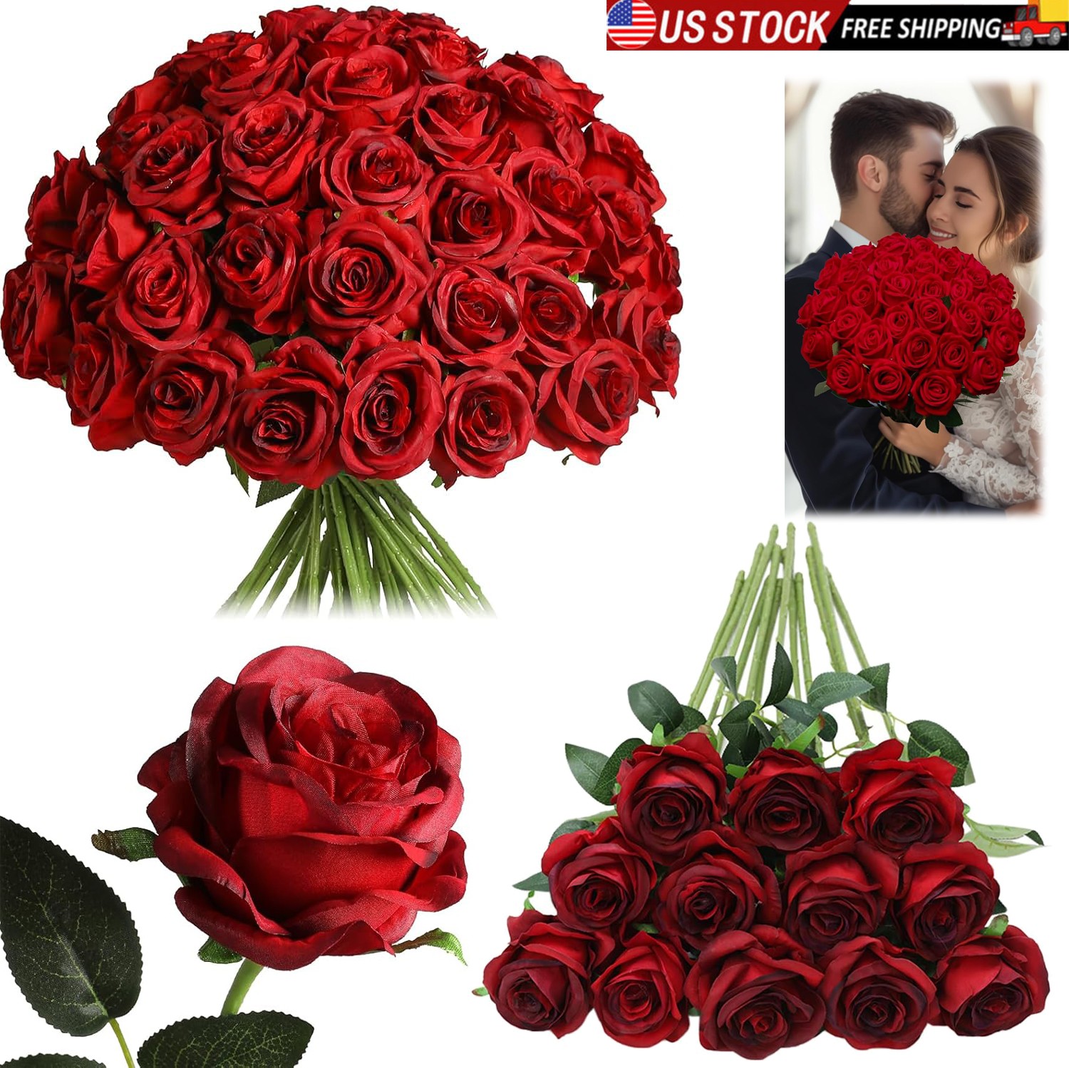 10/20x Red Roses Artificial Flowers Realistic Rose Bouquet Festive Wedding Party