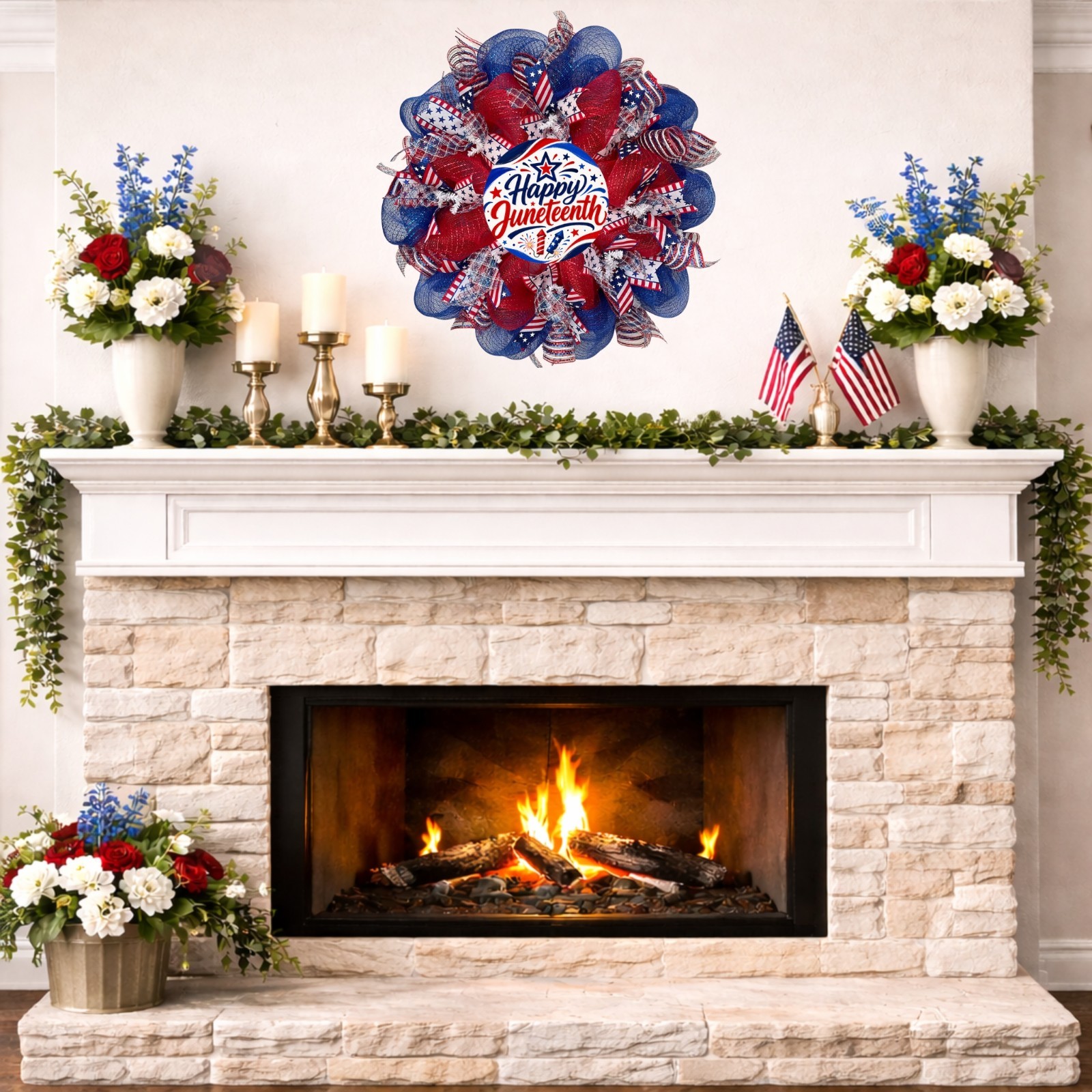 Happy Juneteenth Red White and Blue Handmade Deco Mesh Wreath