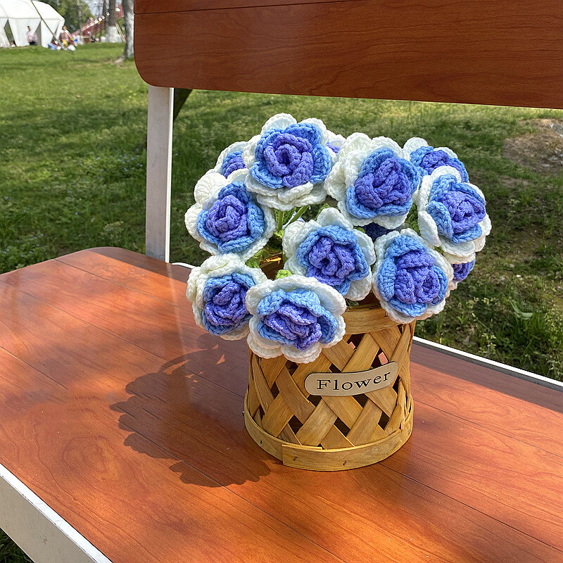 Hand Knitted Flower Yarn Crochet Rose Flowers Hand Craft Bouquet Wedding Decor