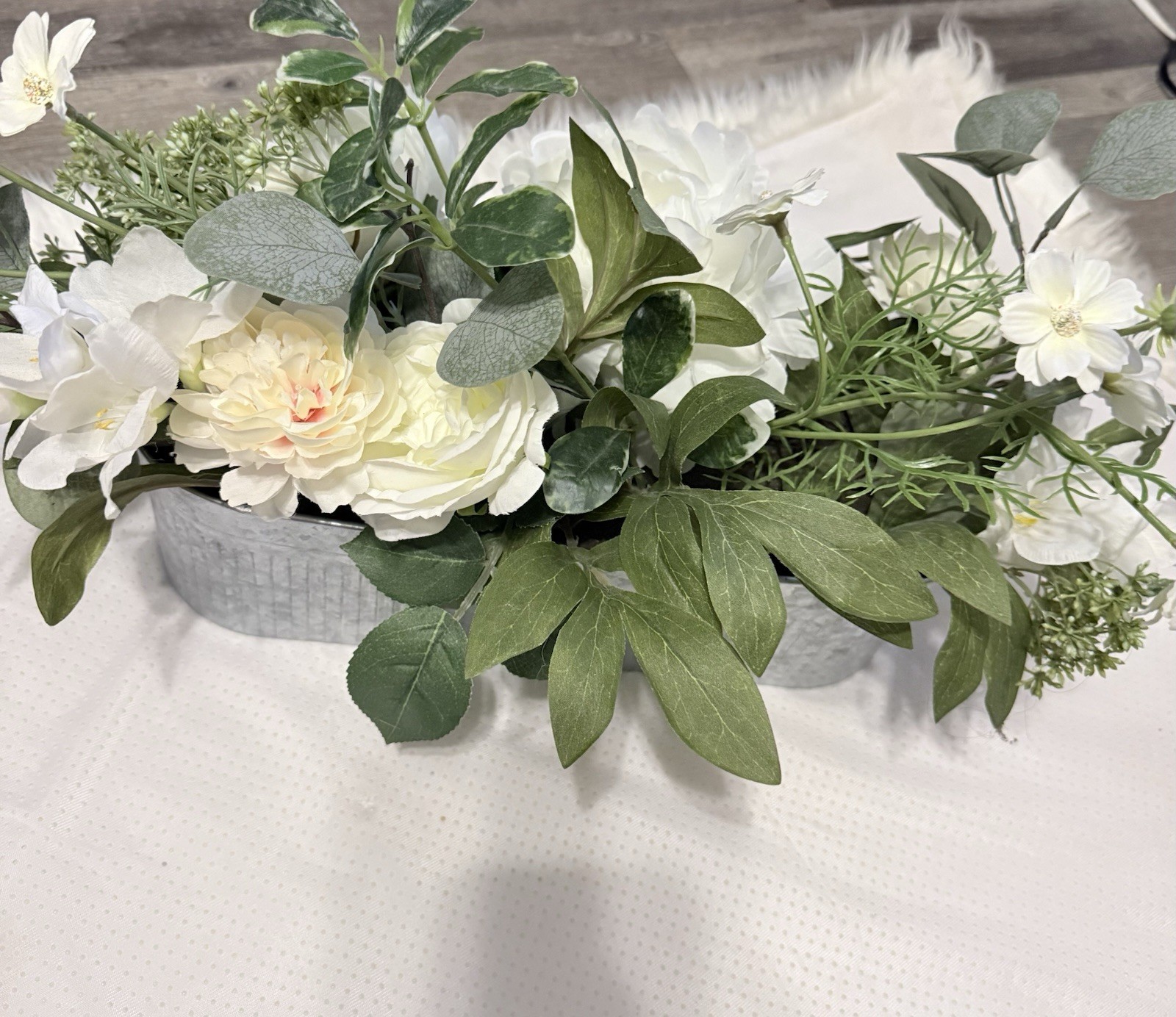 Hobby Lobby Artificial Peony Arrangement White Green Silk in Metal Container