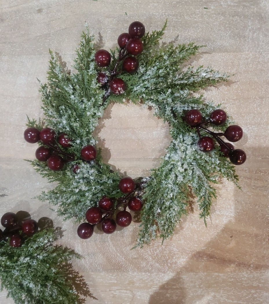 PAIR Farmhouse Primitive FROSTED CRANBERRY CEDAR PINE CANDLE RING 3″ CENTERS