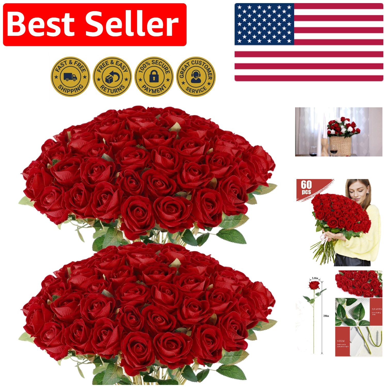 Stunning 120 Count Silk Velvet Artificial Roses for Weddings & Special Events