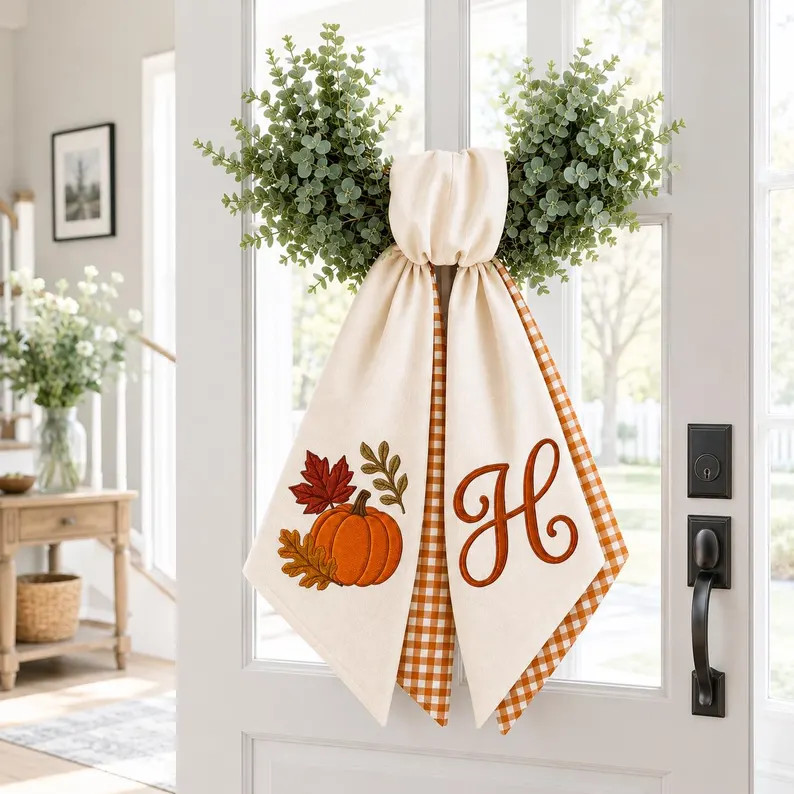 Custom Embroidered Monogrammed Pumpkin Wreath Sash Autumn Thanksgiving Decor