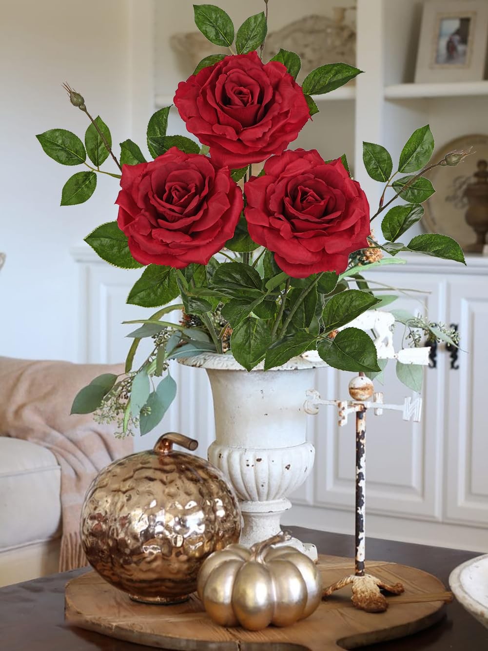 3Pcs Red Roses Artificial Flowers Bouquets 26.3″ Fake Flower Arrangements Sil…