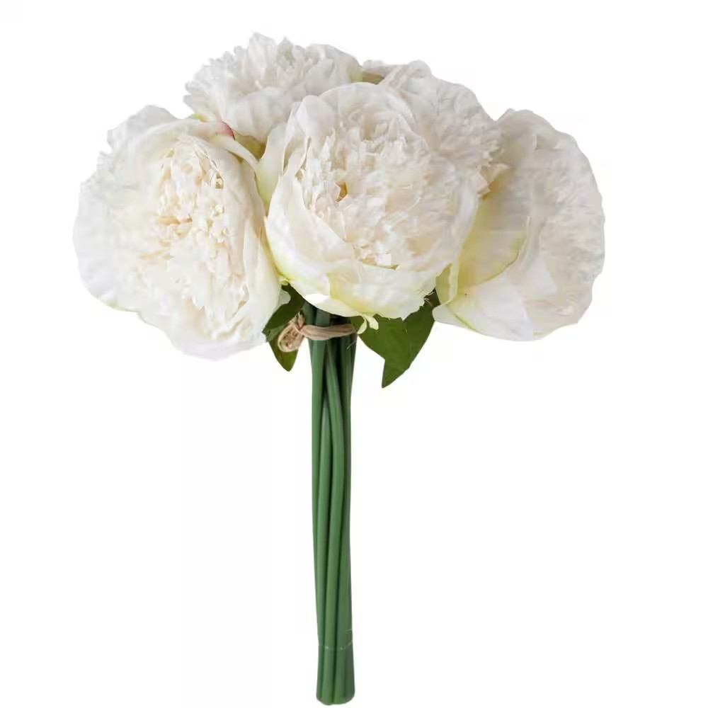 2-Bouquet 10-Heads White Artificial Peony Silk Flower and Leaf Home Office with