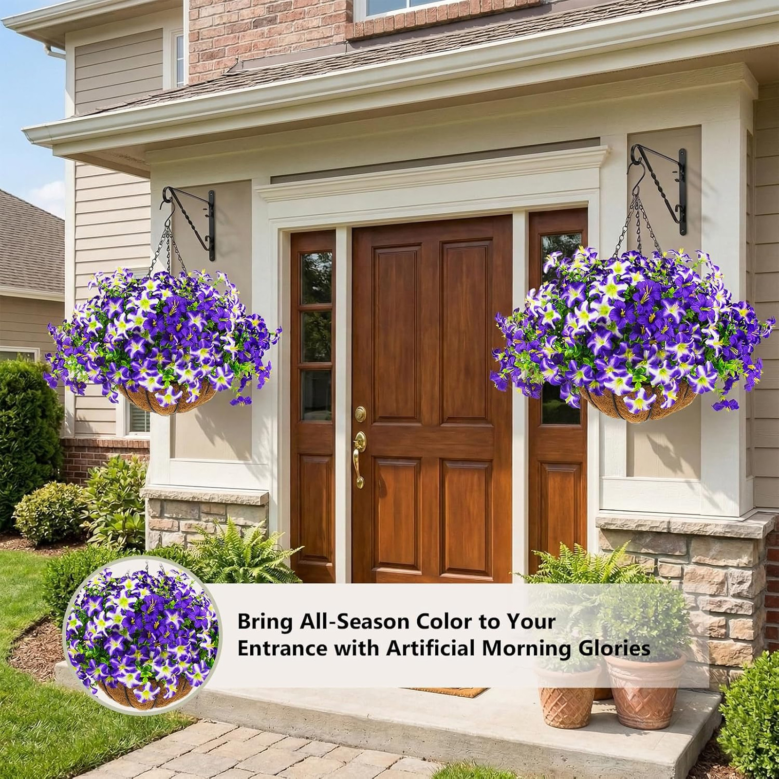 Artificial Petunias Flowers Set with Hanging Baskets UV Resistant Faux Purple