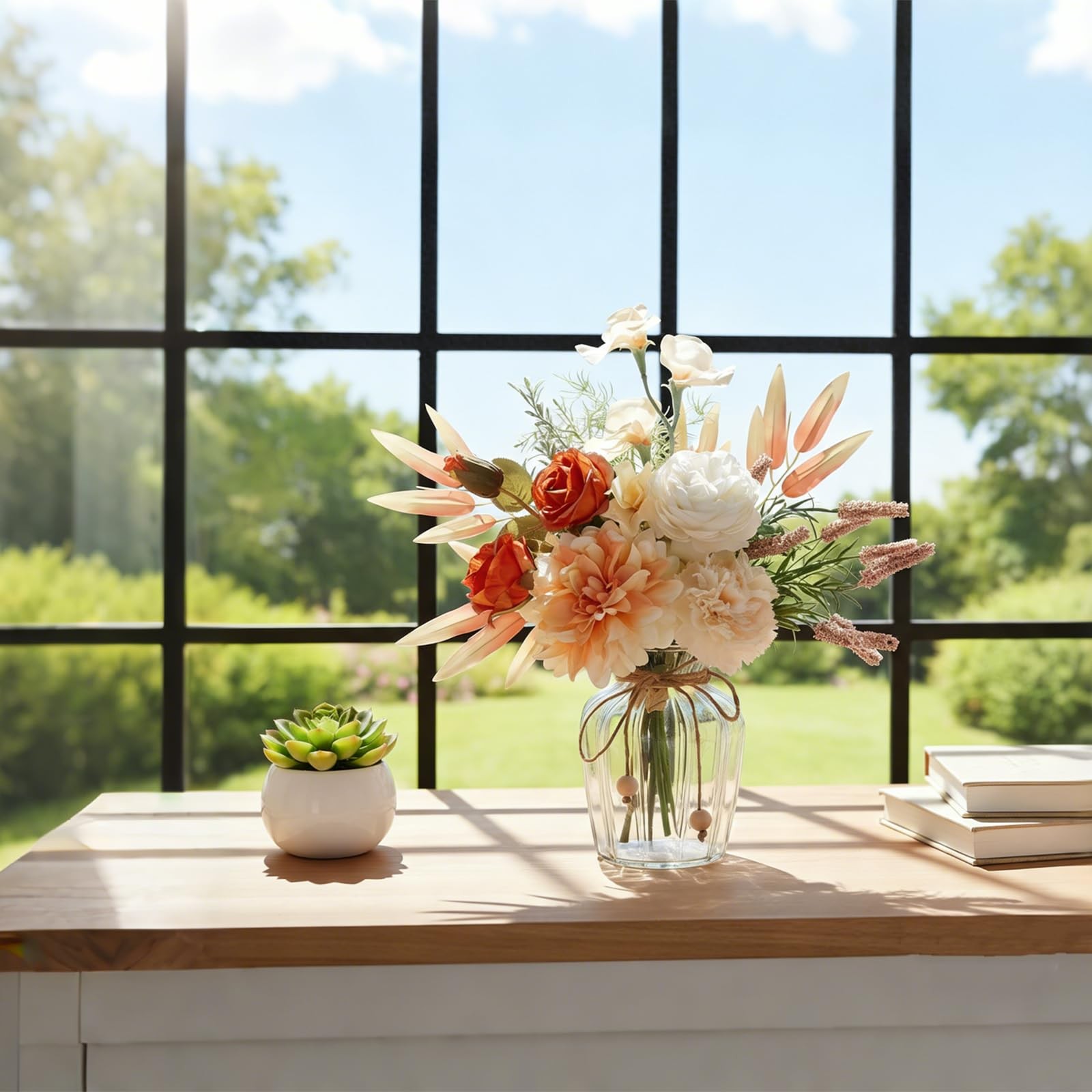 Artificial Faux Flower Arrangement Glass Vase Silk Floral Home Office Decor