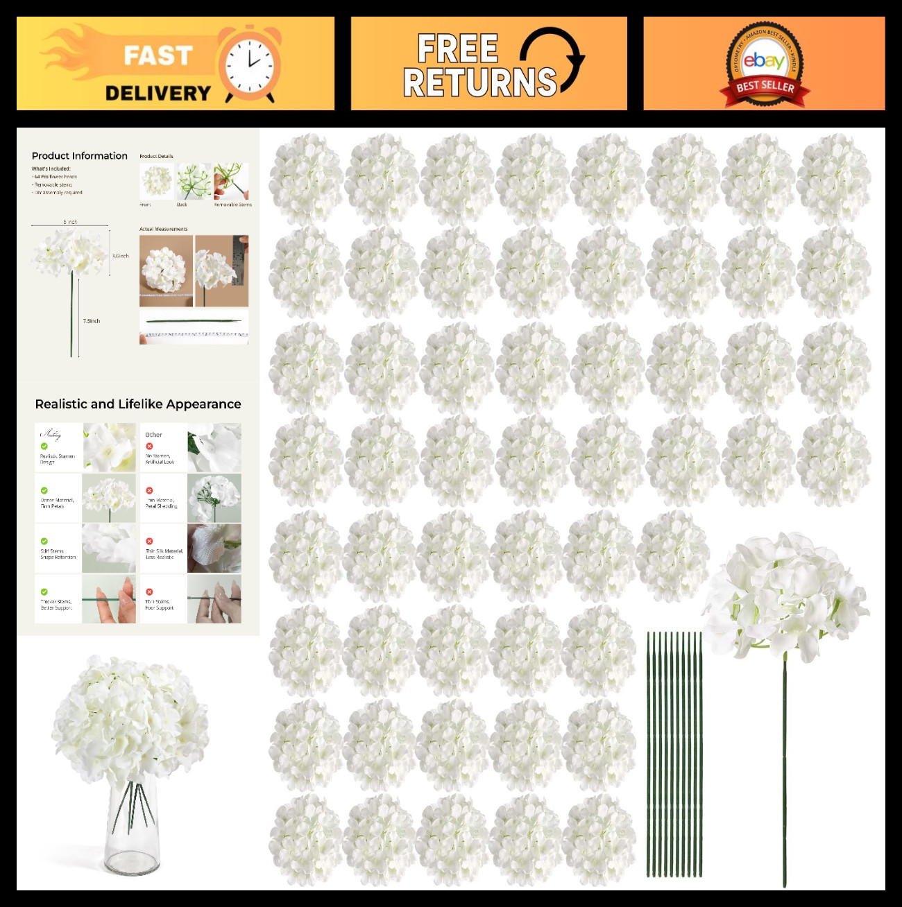64 PCS Silk Hydrangea Flowers with Stems – Perfect for Wedding, Home, Garden, Pa