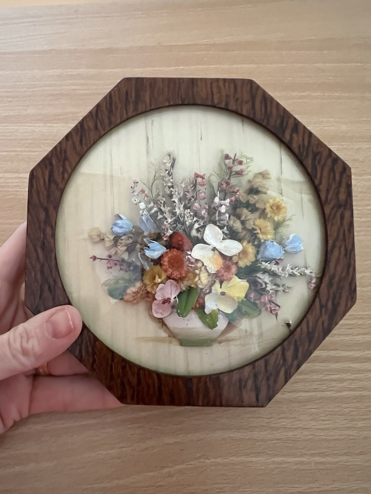 Vintage Wooden Octagonal Dried Flowers In Frame With Glass 17cm
