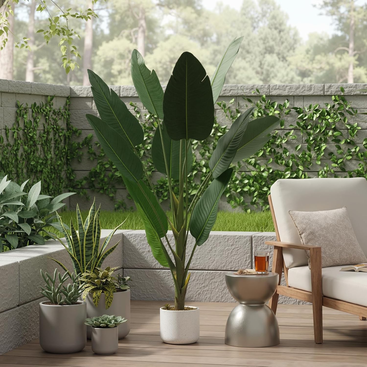 4FT Artificial Palm Tree with Large Fan-Shaped Leaves in White Pot for Indoor