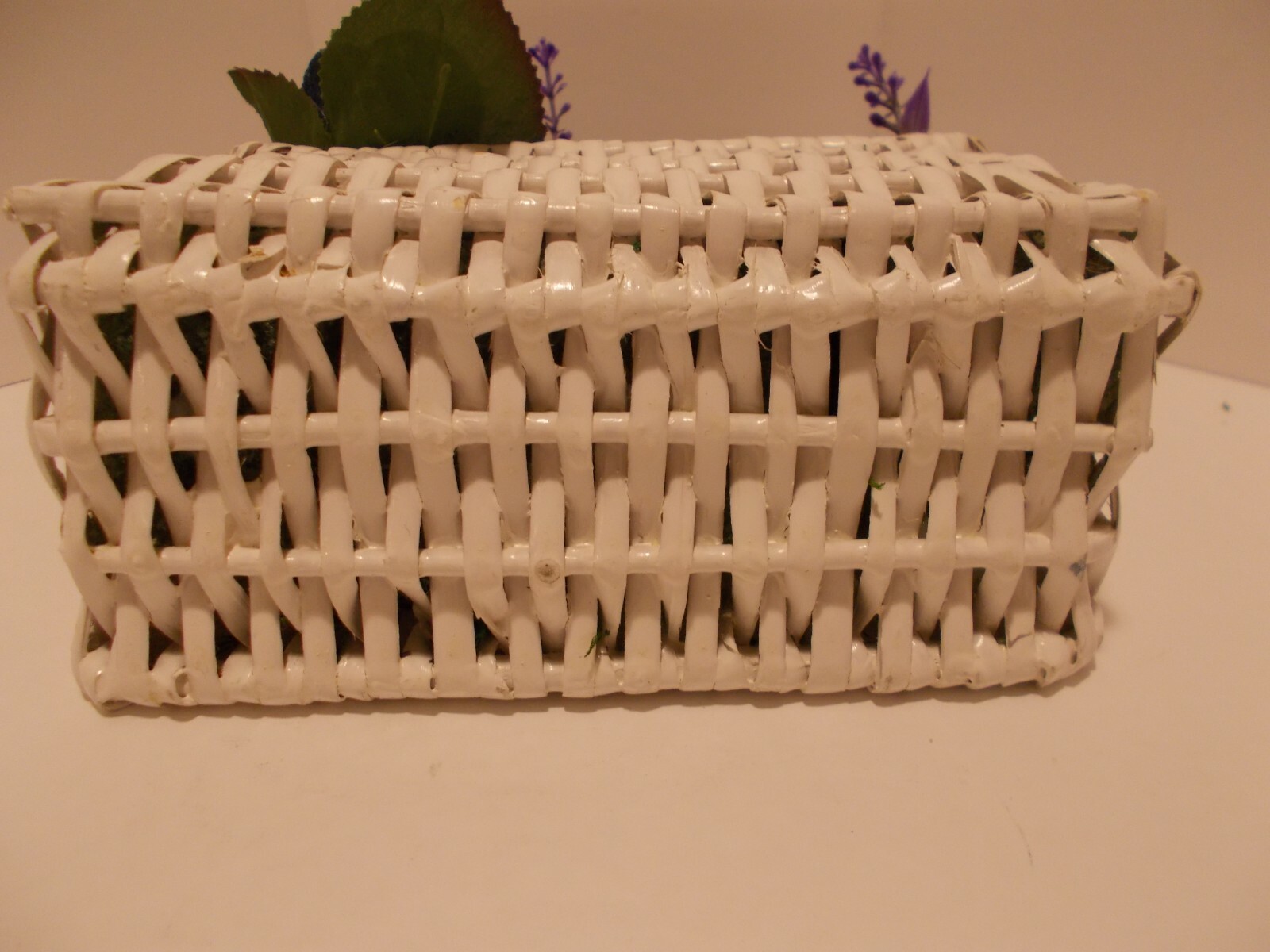White Wicker Pocket Basket w Denim Roses Denim Zipper Flower w Faux Lavender
