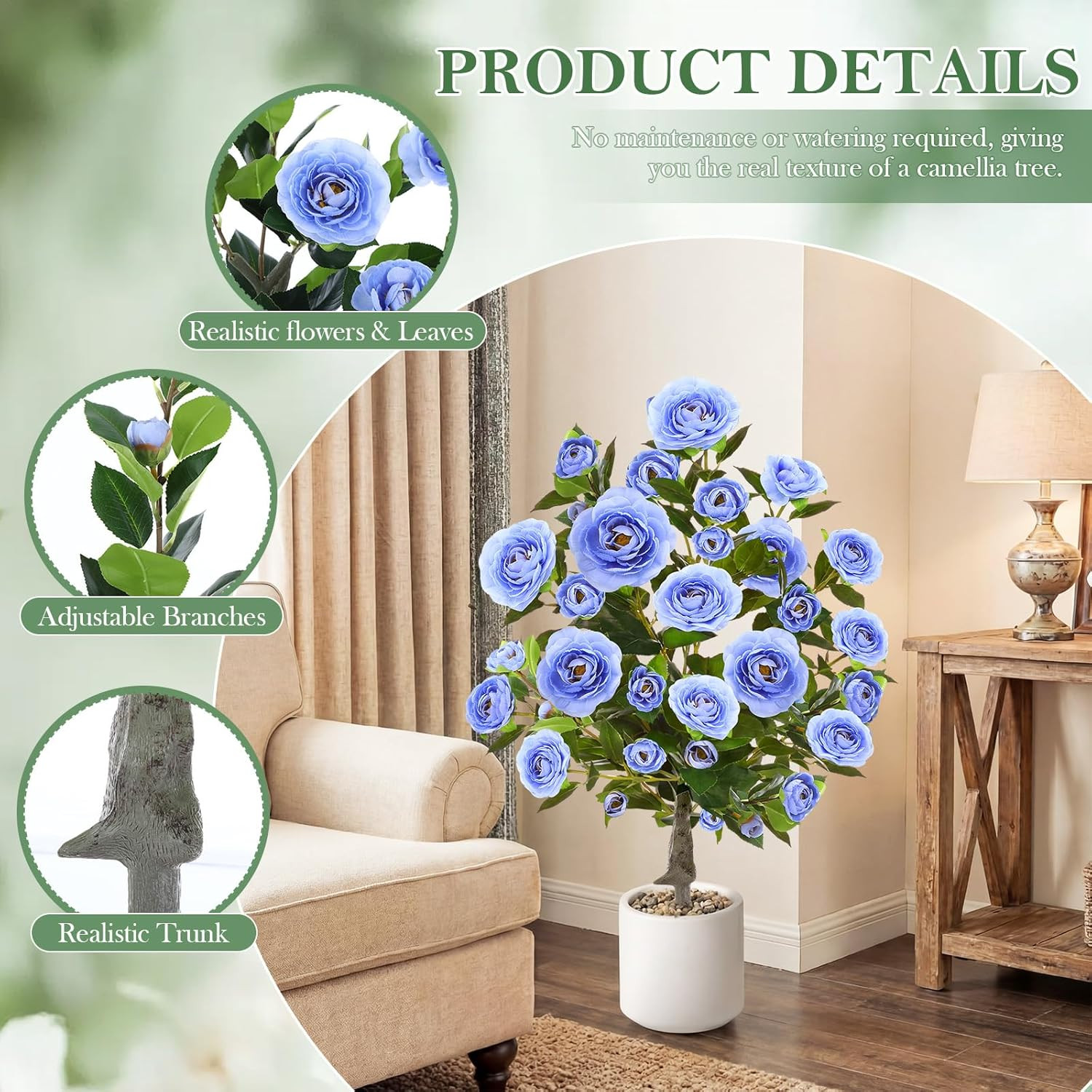 4 Pack 36″ UV Resistant Light Blue Artificial Camellia Flower Trees