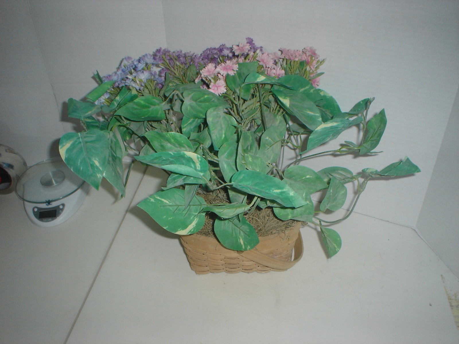 Artificial Golden Pothos With Purple And Pink Flowers and Basket