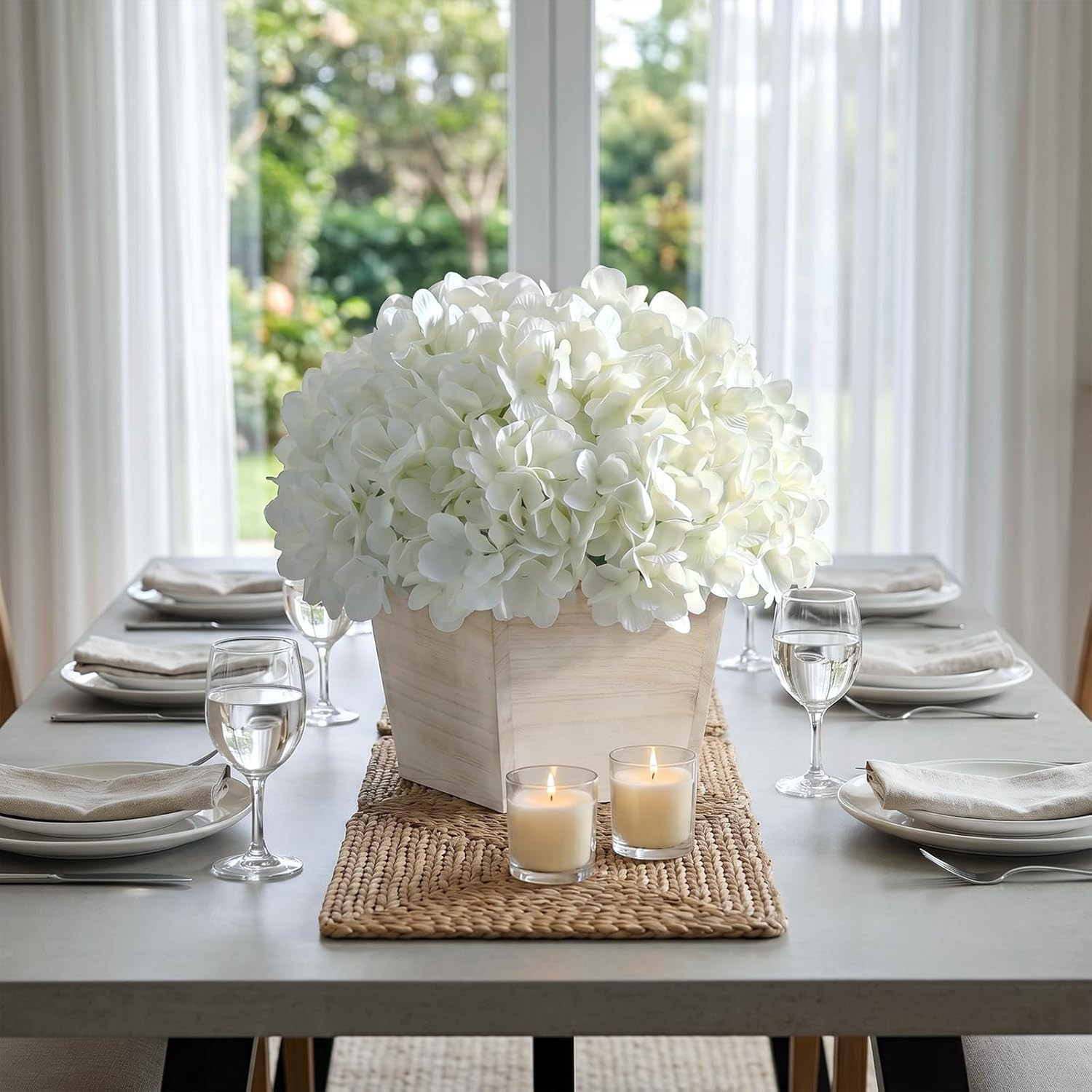 White 10″ Artificial Hydrangea in Wood Planter – No Assembly, Table Decor