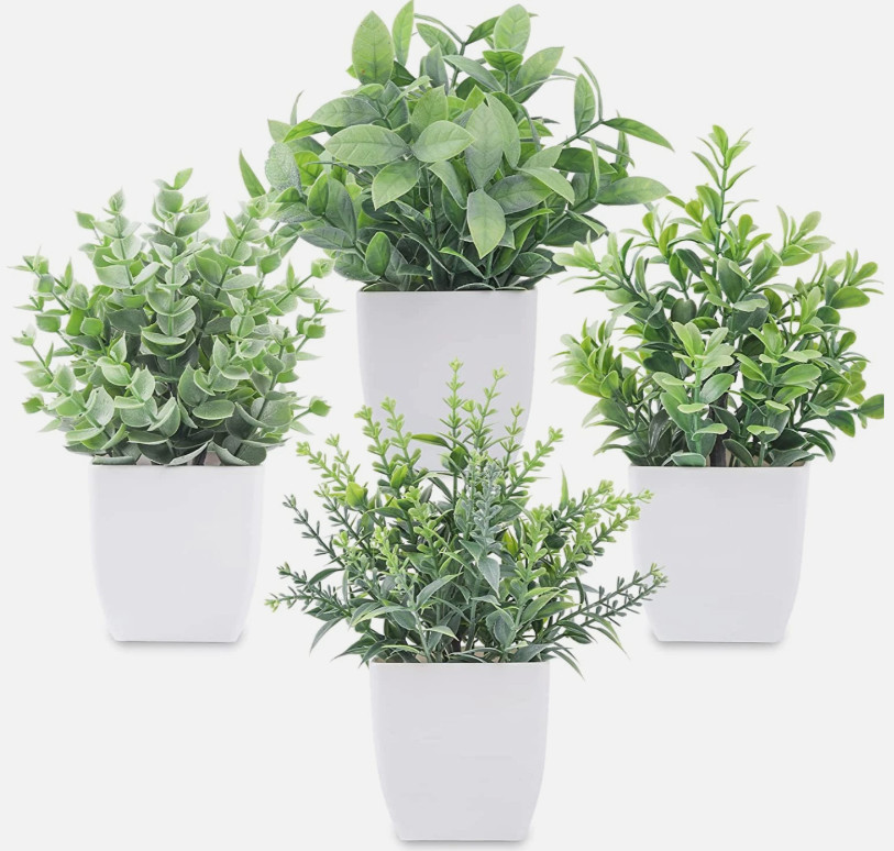 MINI POTTED PLANT 4″ ARTIFICIAL GREENERY W/ FAUX STONE POT (CHOOSE #1, #2 OR #4)