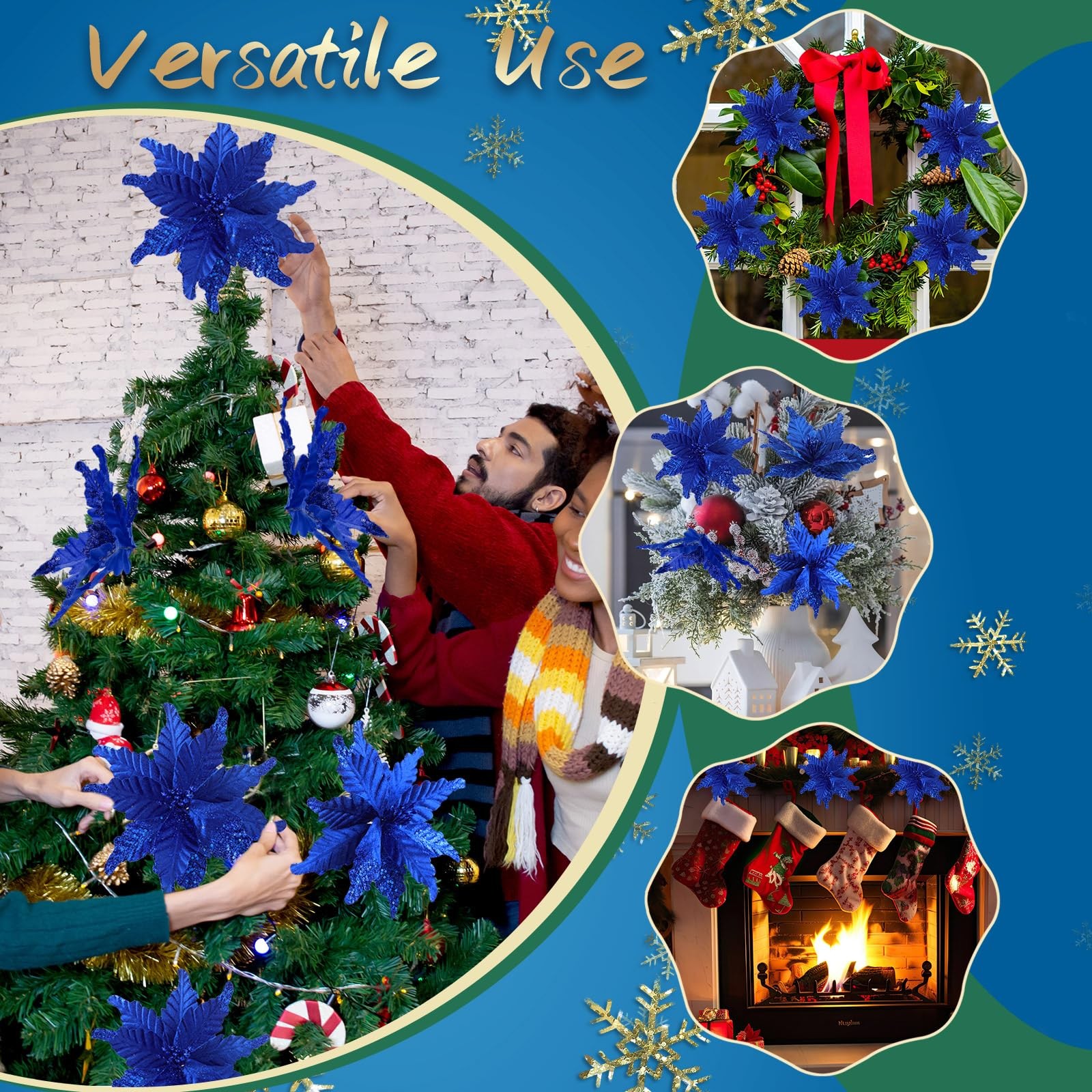 12 Pcs Christmas Glitter Fabric Poinsettia 10 Inch Artificial Xmas Flower wit…