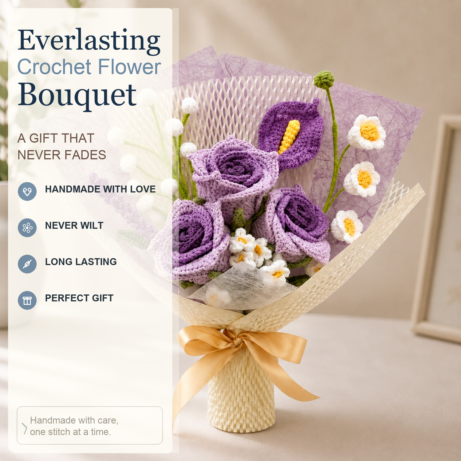 Purple Lavender Rose Lily Crochet Bouquet Thank You Birthday Gift for Her