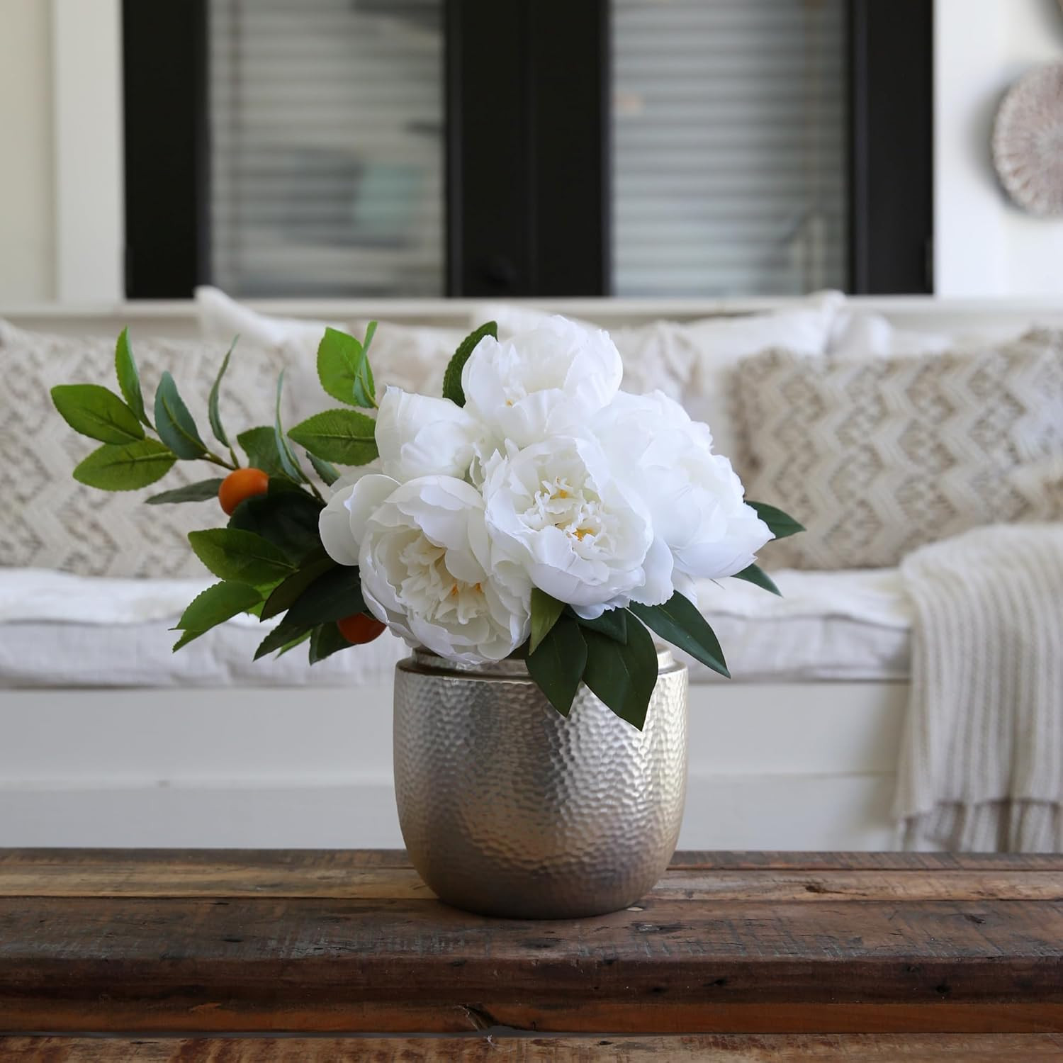 Elegant 16″ Artificial Peony & Dahlia Arrangement in White Vase
