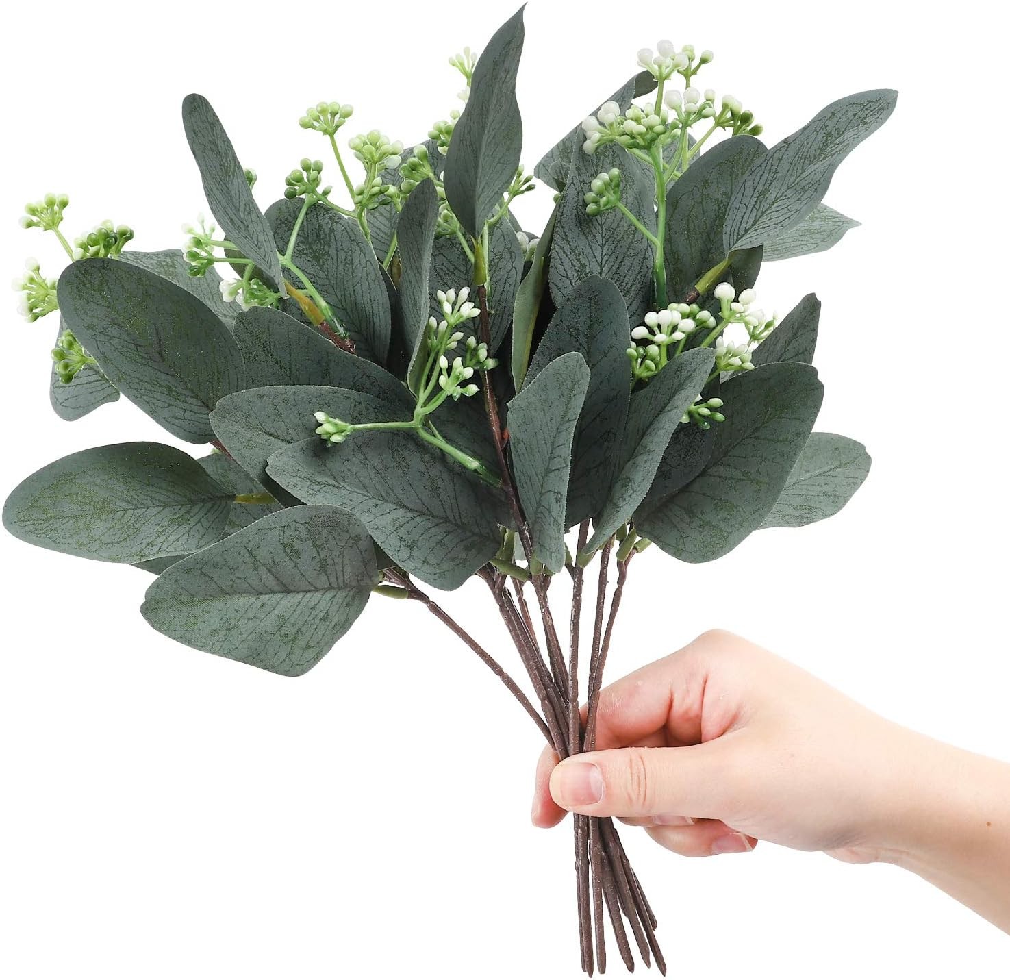 Whonline 20pcs Artificial Eucalyptus Stems with White Seeds for Wedding and Home