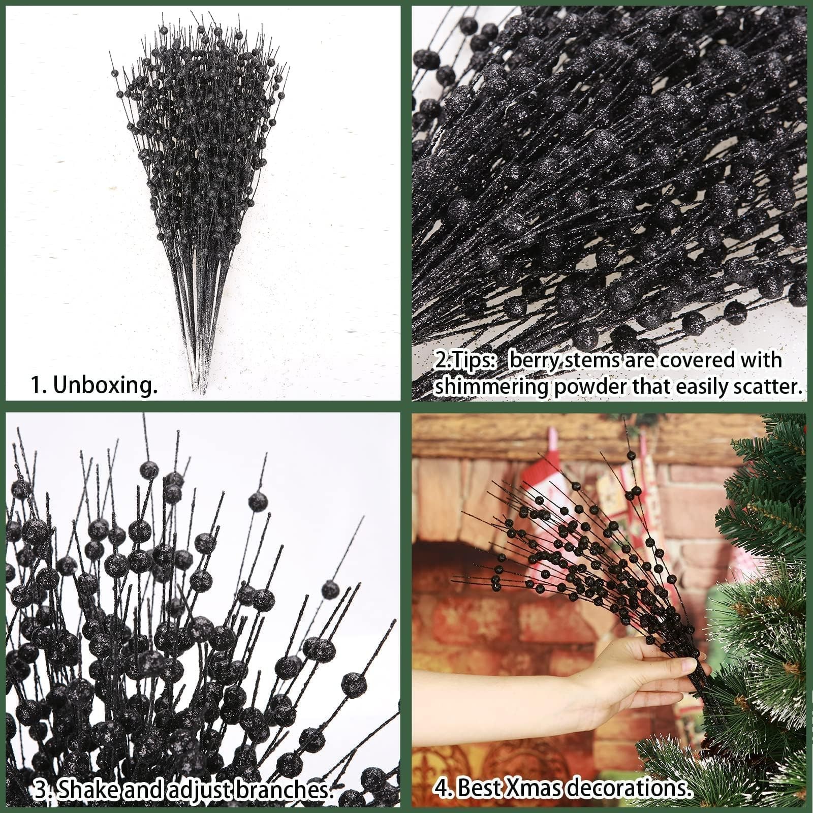 12 PCS Artificial Glitter Berry, Black Glitter Picks Artificial Berries Stems fo