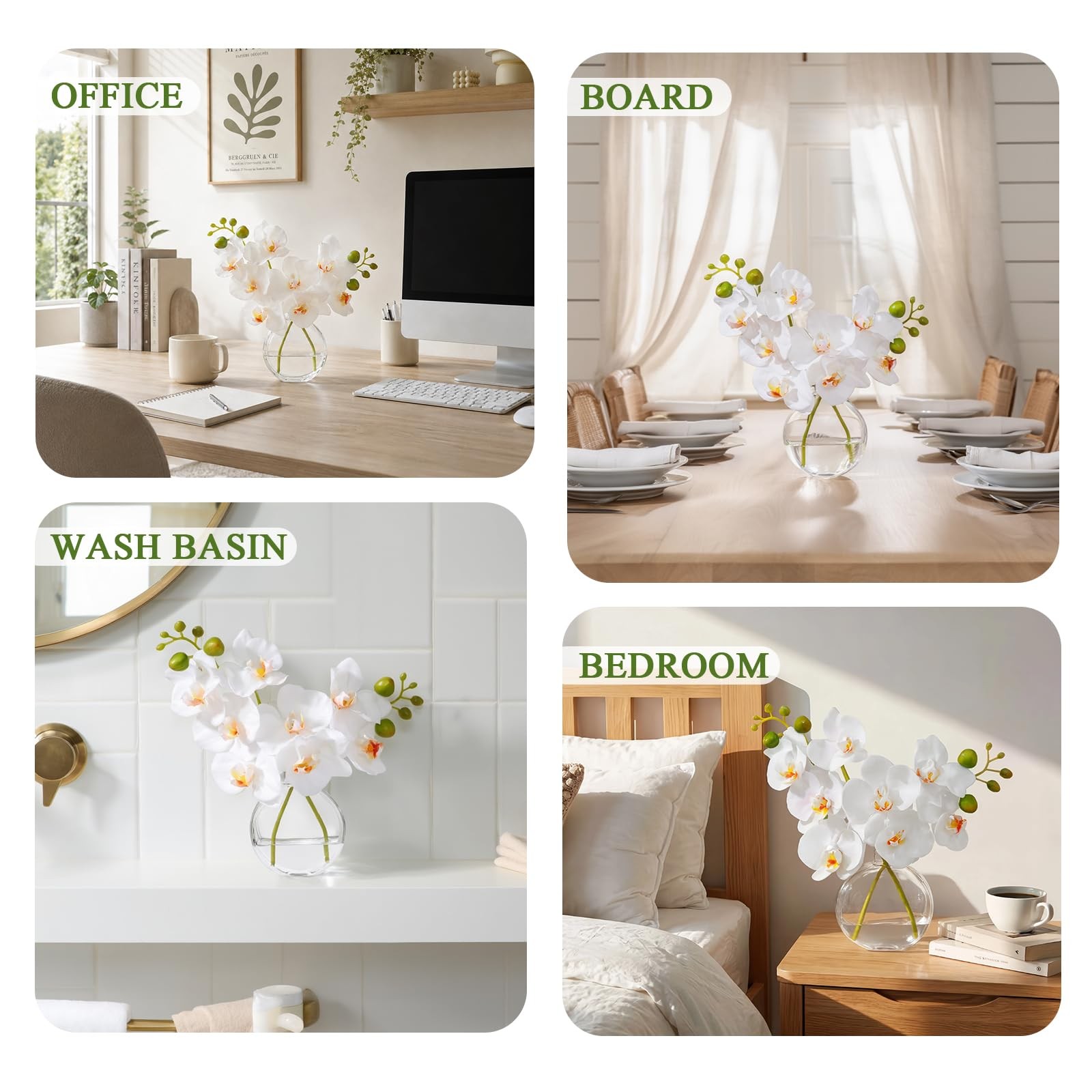 White Textured Coated Silk Artificial Orchid Flowers with Clear Glass Vase an…