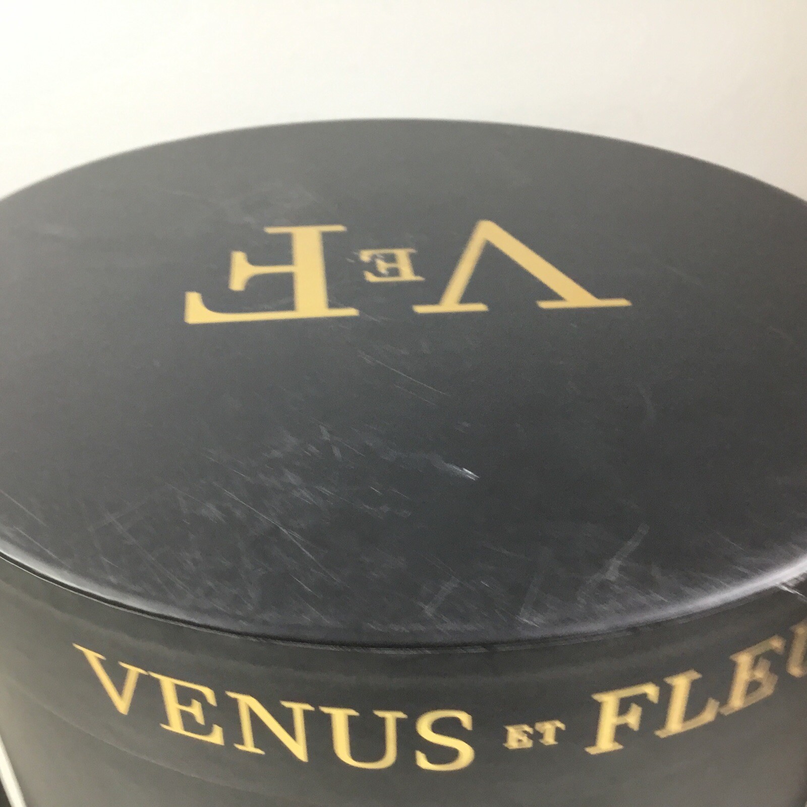 Venus Et Fleur Large Flower Box Black Gold Lettering Violet Roses9”tall 12”dia.