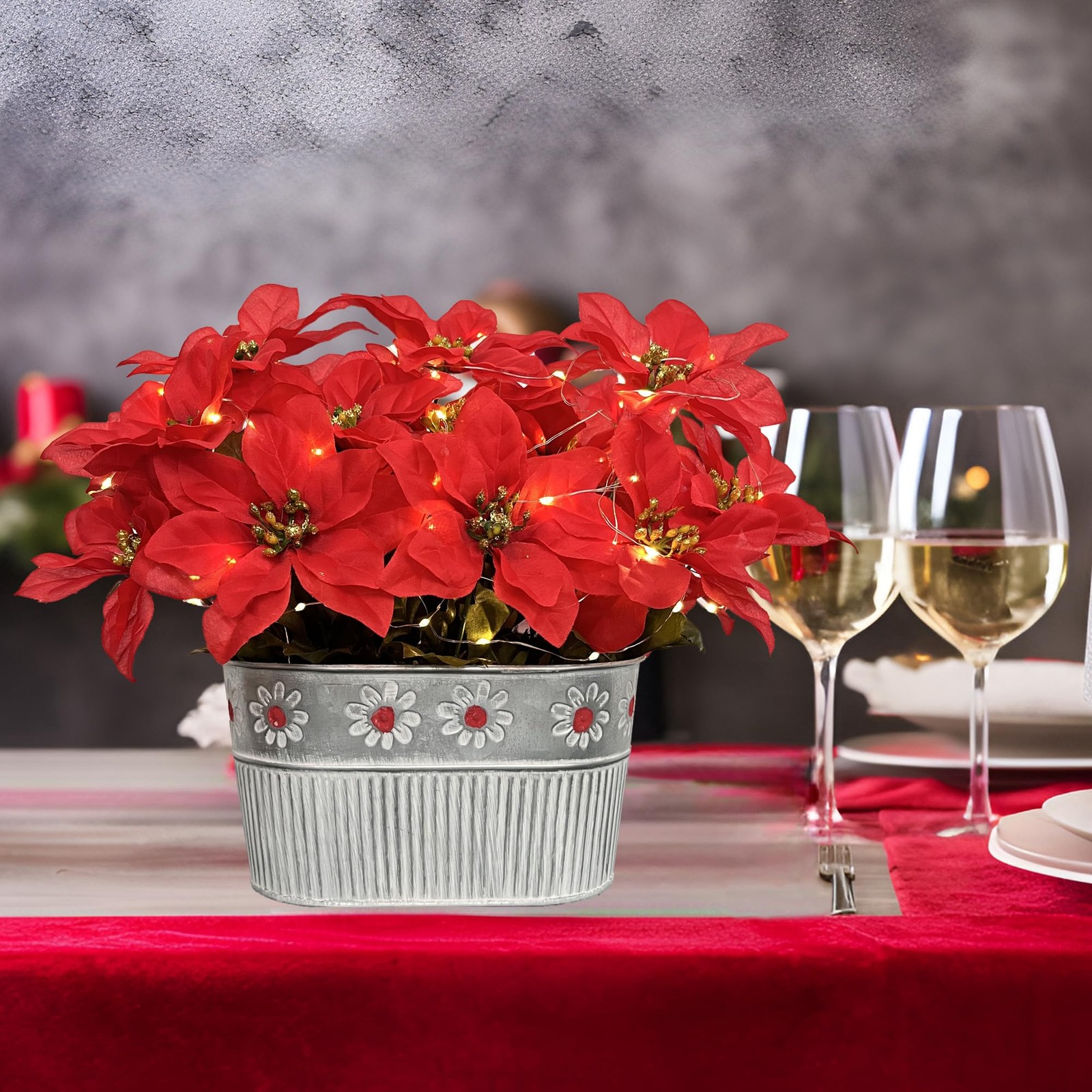 Best Christmas Poinsettia Table Centerpiece – Rustic Metal Pot with LED Lights