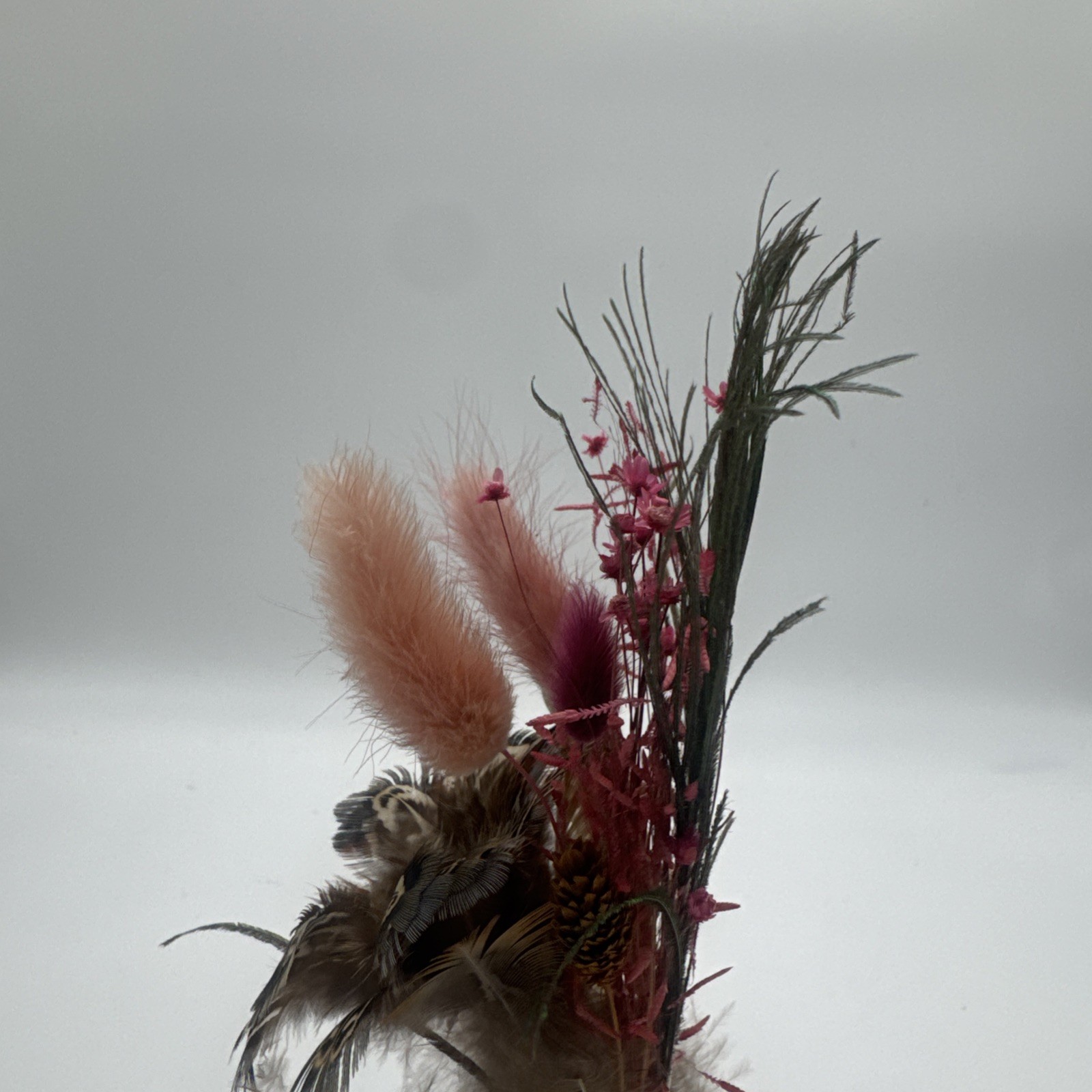Boho Dried Floral Arrangement with Peacock Feathers & Vase Plush Bird feathers