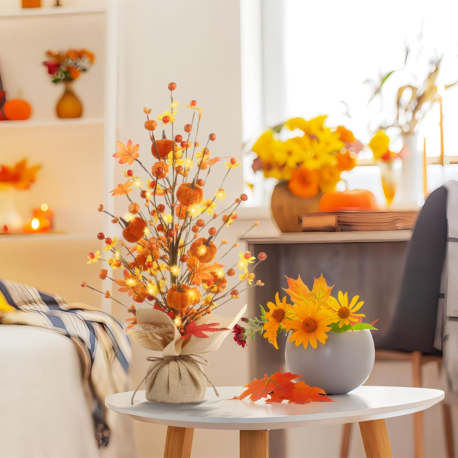 Fall Decor, 18 Inch Artificial Red Berry/Maple Leaf/Pumpkin Tree Tabletop Decora