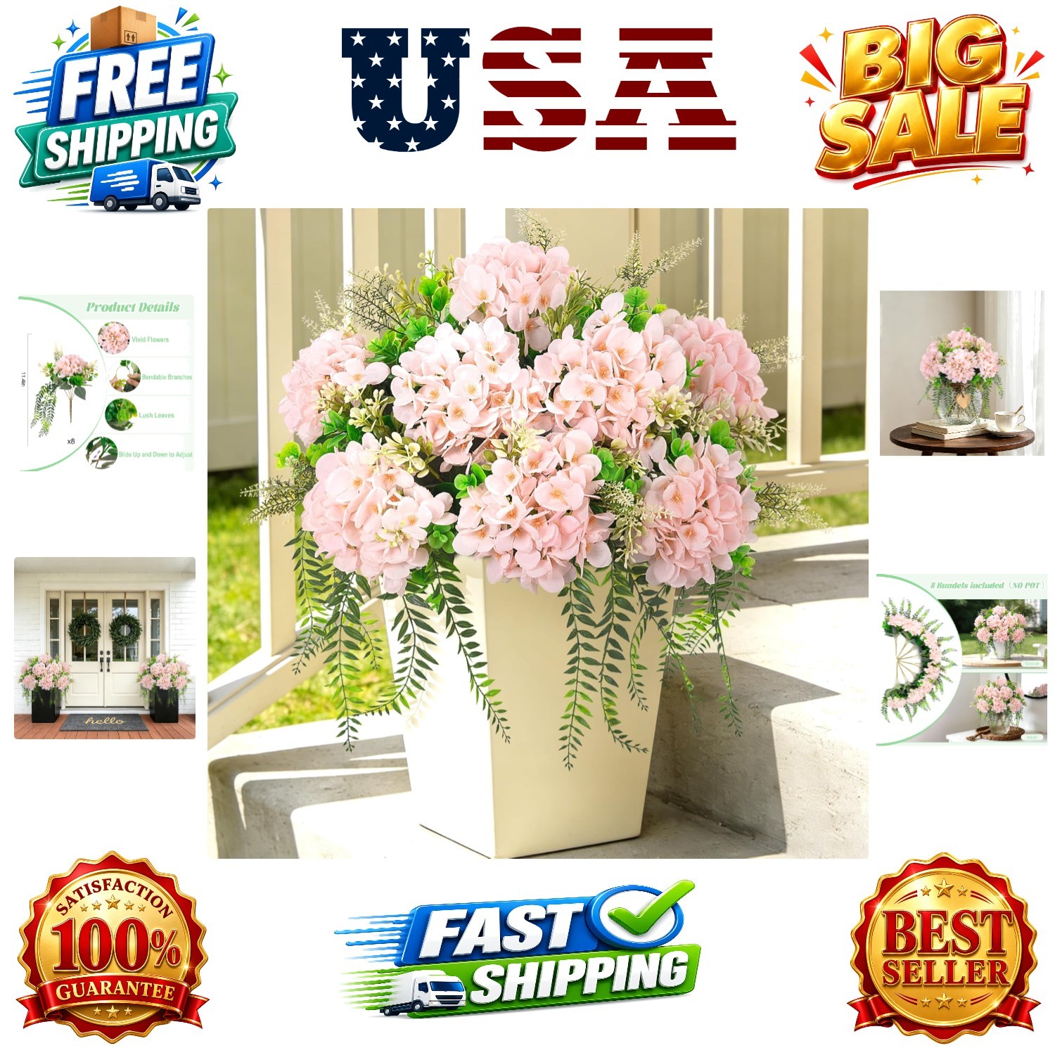 Artificial Hydrangea Flowers Silk Pink Fake Flower with Eucalyptus for Outdoo…