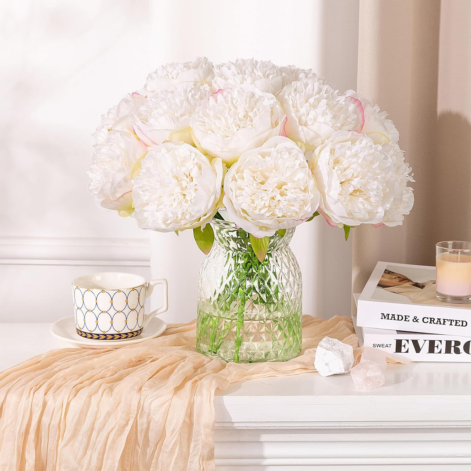 U’Artlines 2 Bouquet 10 Heads Artificial Peony Silk Flower Leaf Home Office Wedd